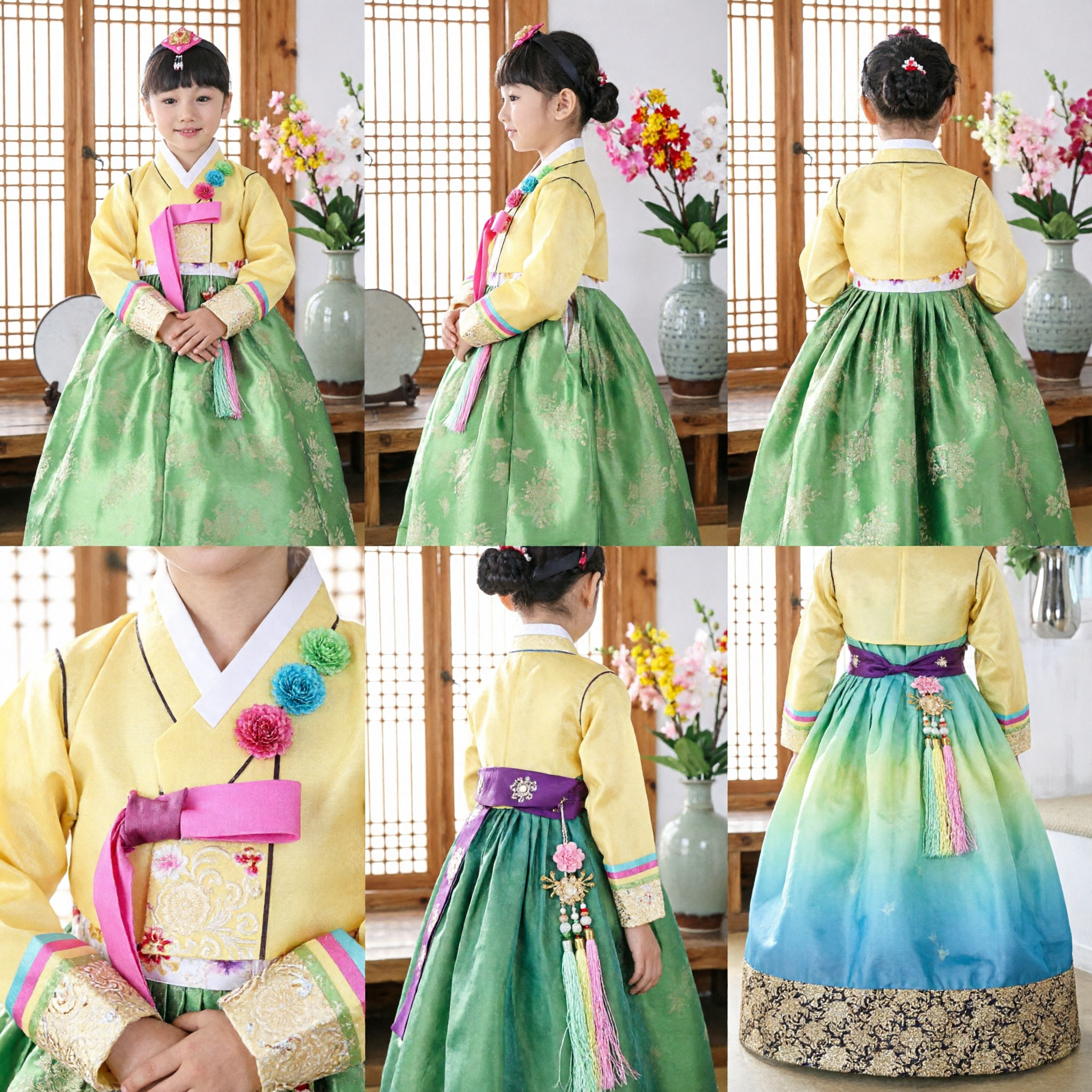 Traditionele Koreaanse Hanbok voor meisjes geel Jeogori en groen Chima kinderen formeel jurk voor bruiloft verjaardag - Asian Costume