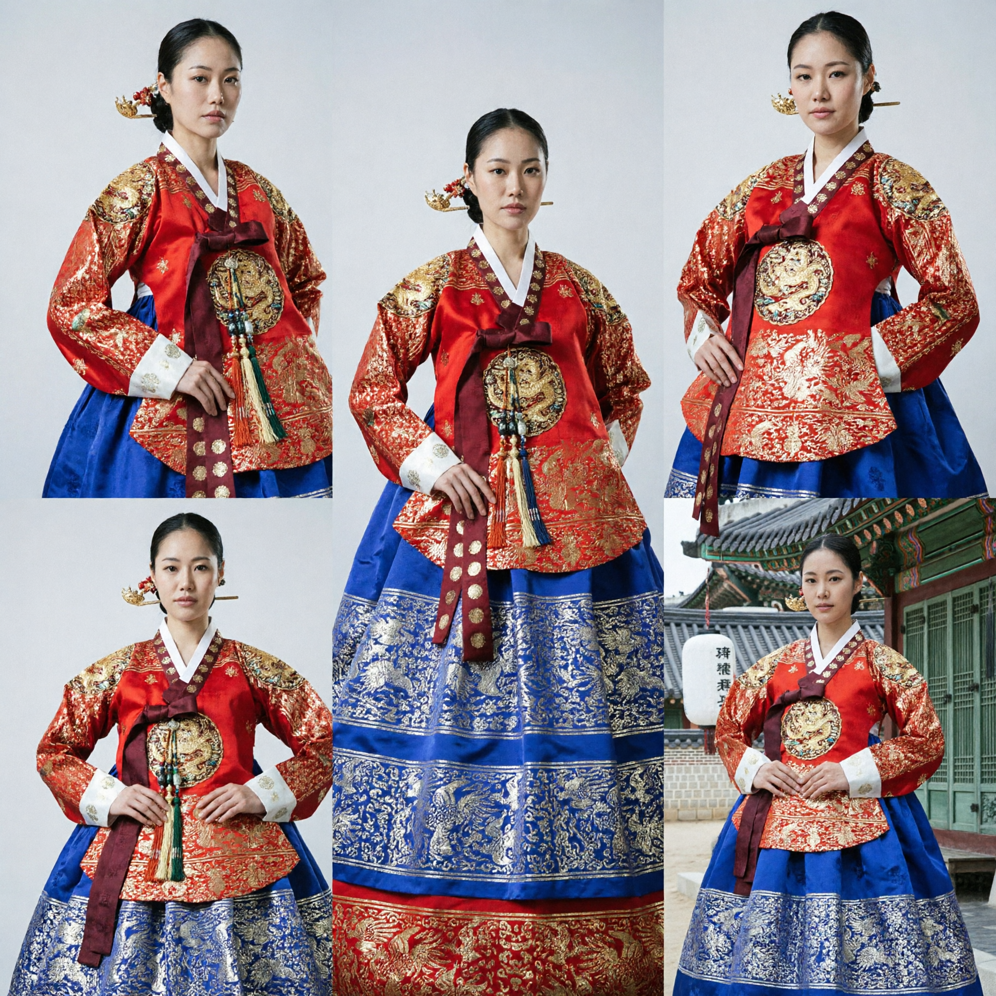 Koreański tradycyjny Hanbok, strój królewski pałacowy, czerwono-niebieska haftowana suknia ceremonialna dla kobiet - Asian Costume
