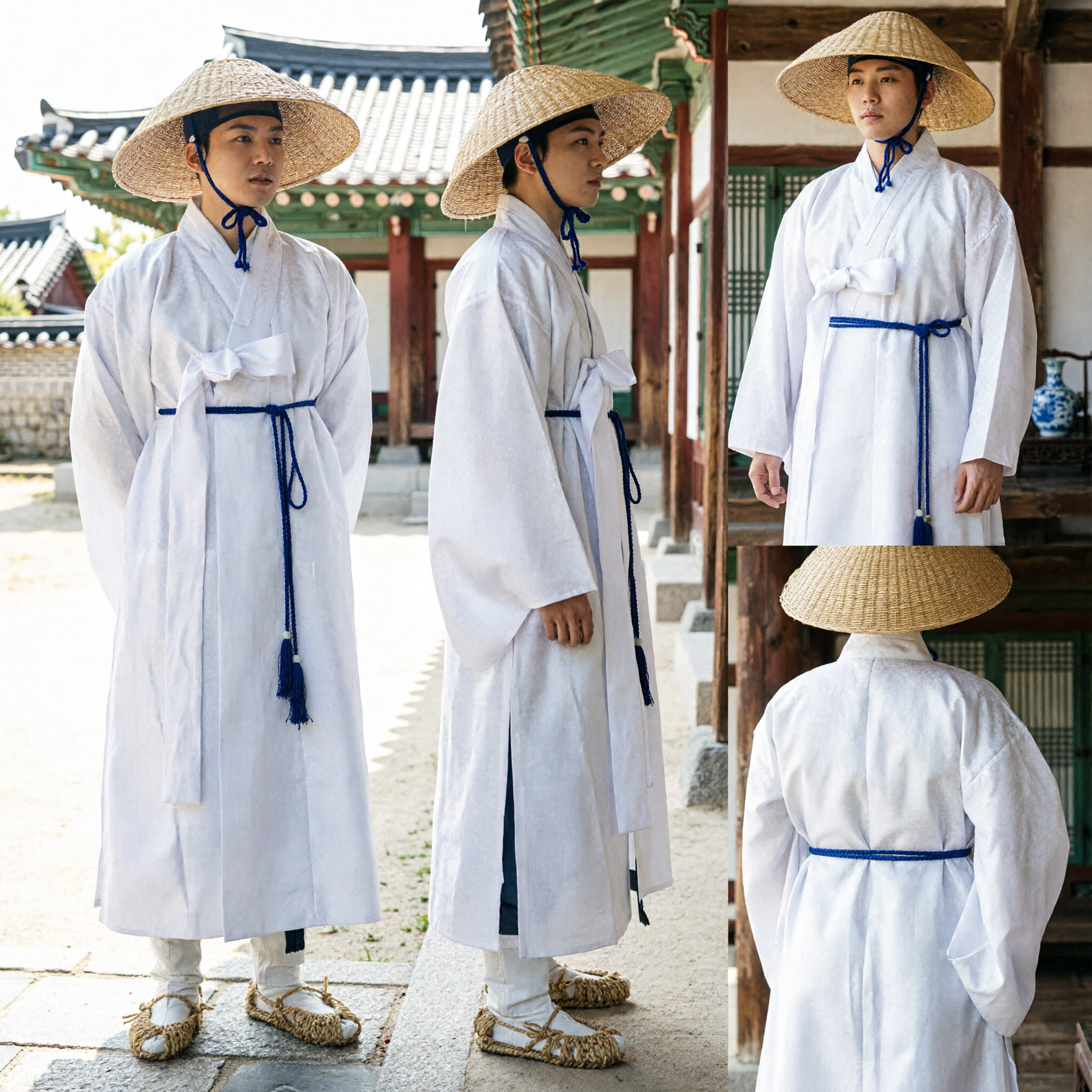 Hanbok Coreano Tradicional para Hombres, Conjunto de Túnica Blanca de Erudito y Sombrero de Paja para Cosplay y Festivales Culturales - Asian Costume