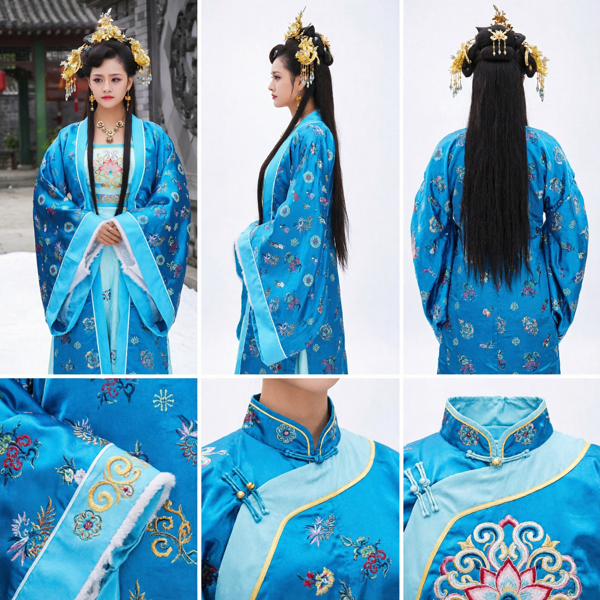 Costume Hanfu da Principessa Antica Tradizionale Cinese Veste Ricamata Blu con Accessori per Capelli per Donne - Asian Costume