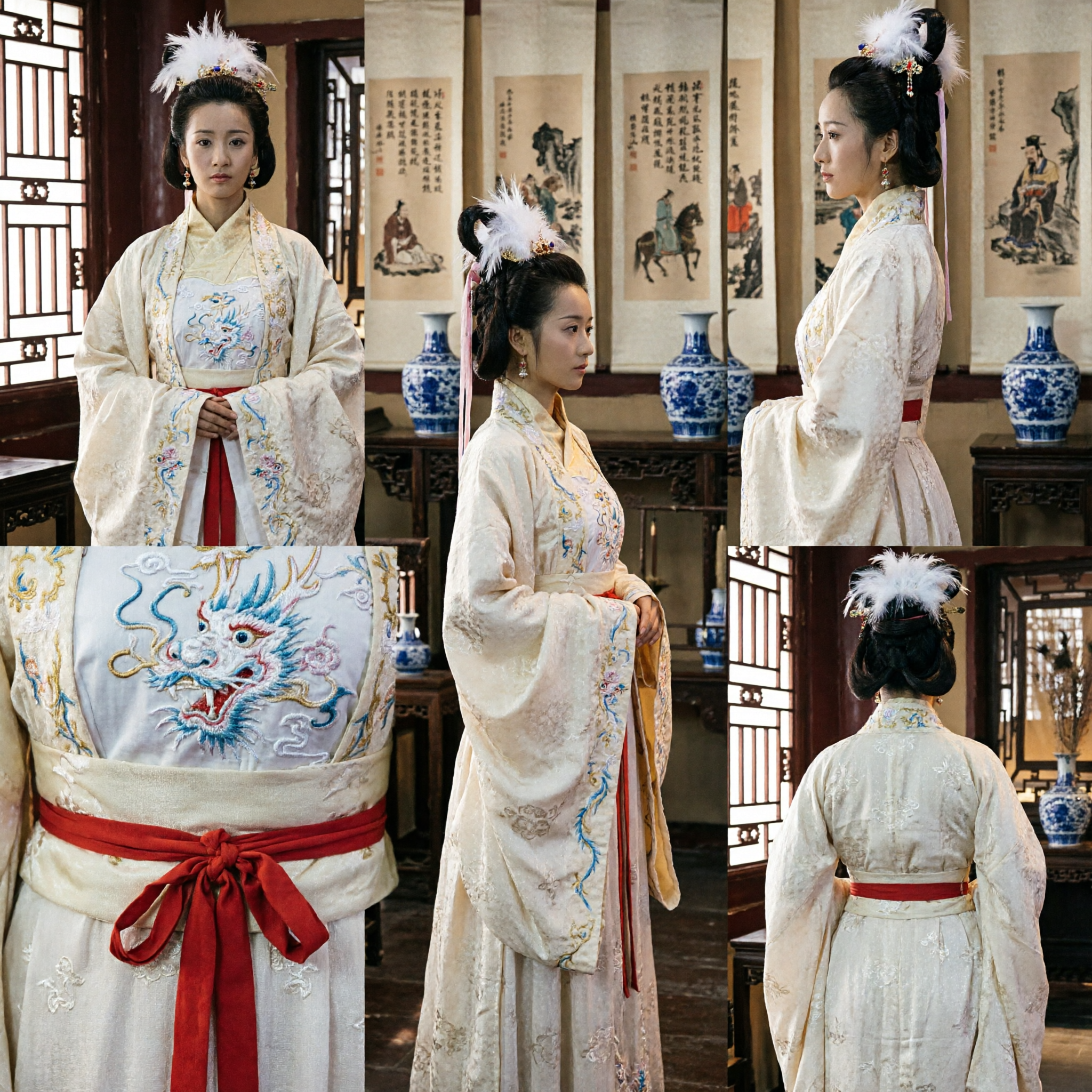 Traditioneel Chinees Oud Prinses Hanfu Kostuum met Gele Veren Waaiers en Hoofdtooi voor Vrouwen Optreden - Asian Costume