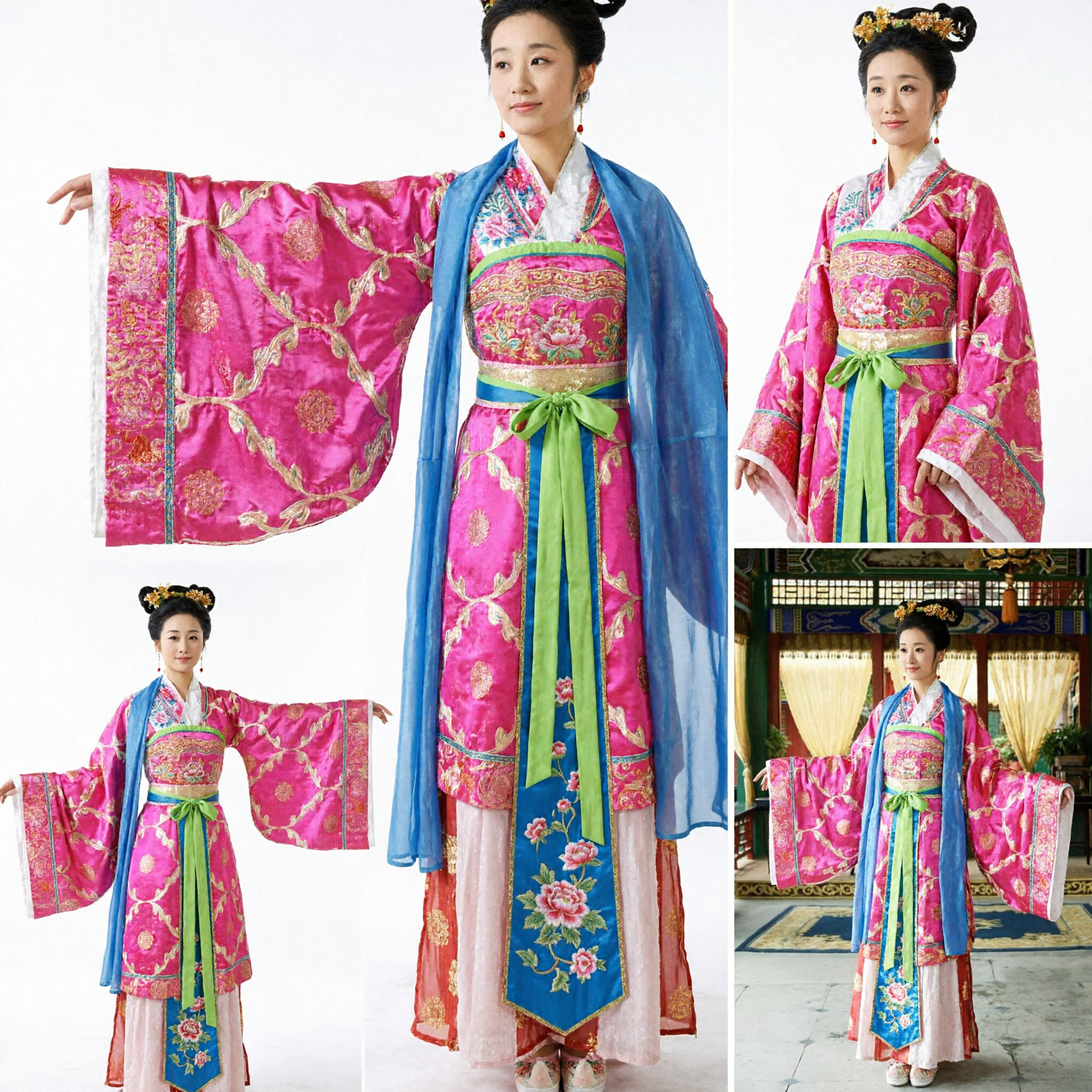 Traditioneel Chinees Oud Paleis Dame Roze Bloemen Hanfu Kostuum met Blauwe Watermouwen voor Vrouwen Dansoptreden - Asian Costume