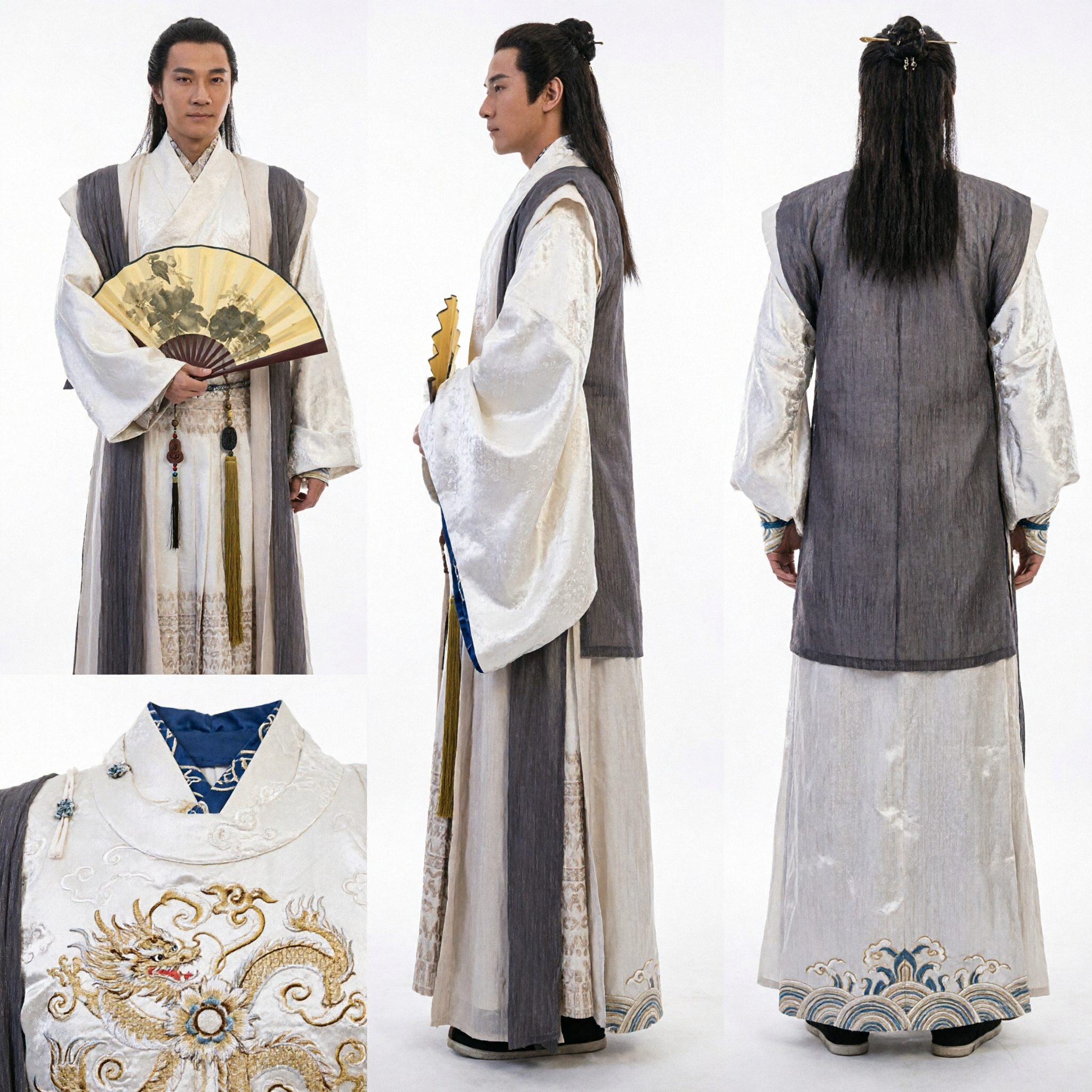 Traje Tradicional Hanfu Chino para Hombres Túnica de Erudito Antiguo con Abanico para Cosplay y Fotografía - Asian Costume
