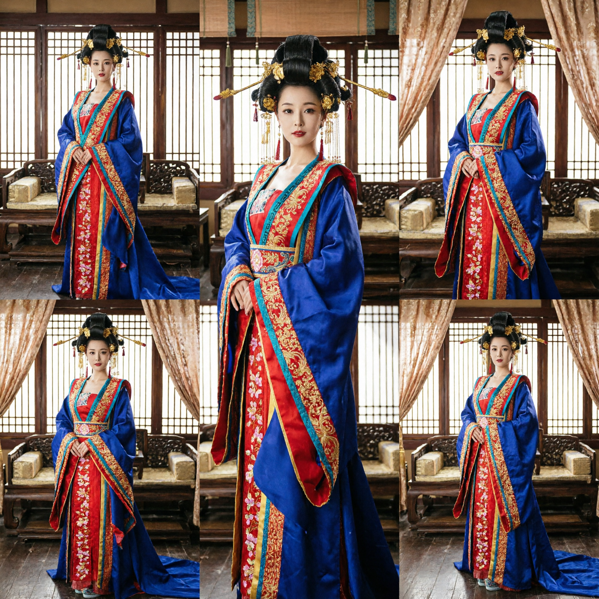 전통 중국 당나라 황후 한푸 의상 파란색과 빨간색 자수 로브 여성 - Asian Costume