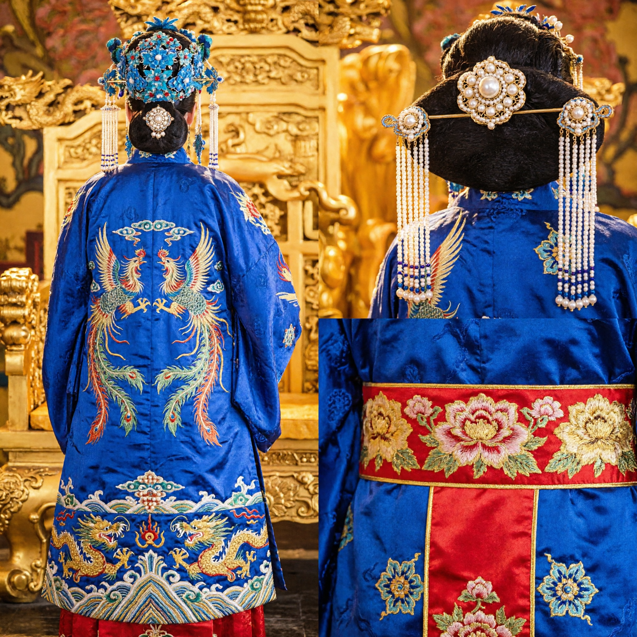 Costume Imperatrice Antica Tradizionale Cinese Set Veste Blu Ricamata e Corona Fenice per Donne per Cosplay Storico - Asian Costume