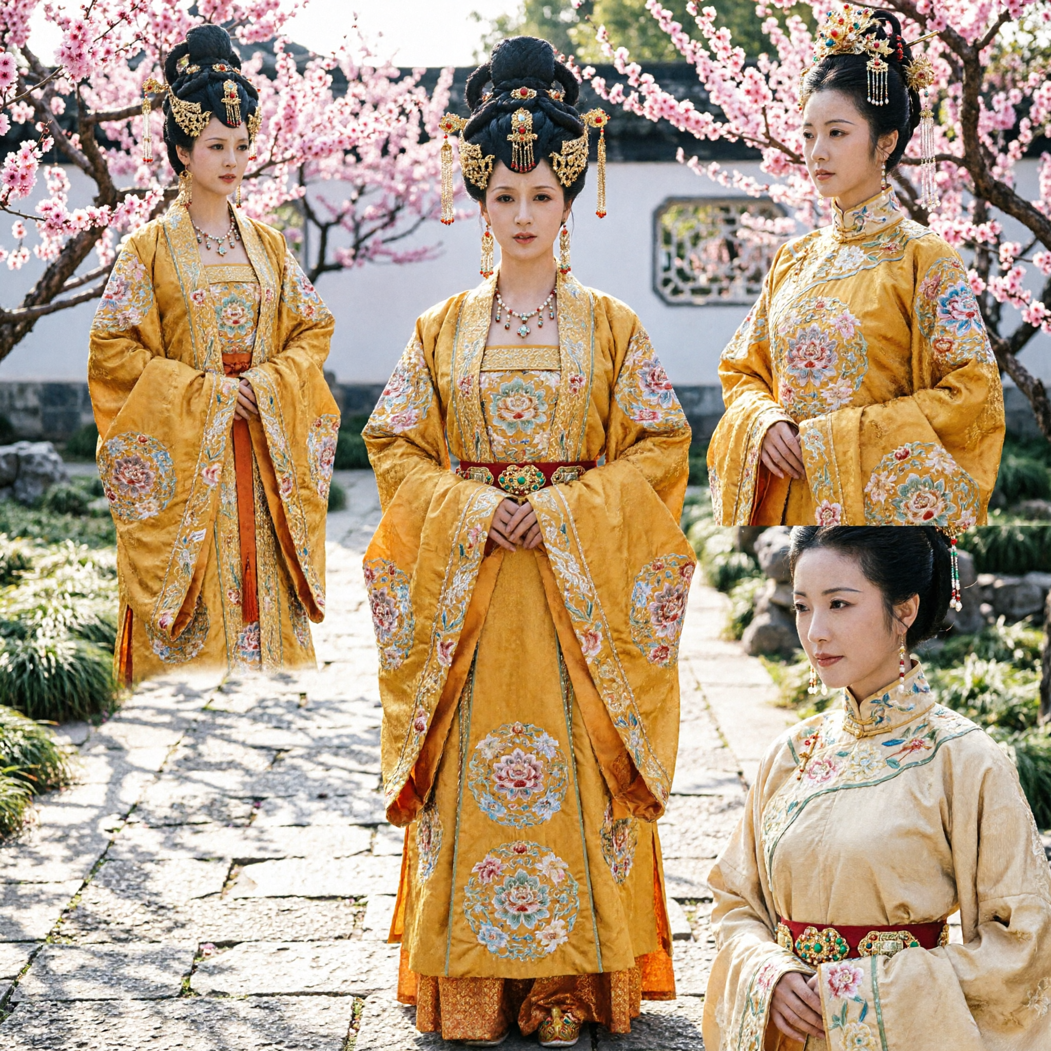 전통 중국 당나라 궁중 공주 의상 노란색 자수 한푸 드레스 여성 사진 촬영 - Asian Costume