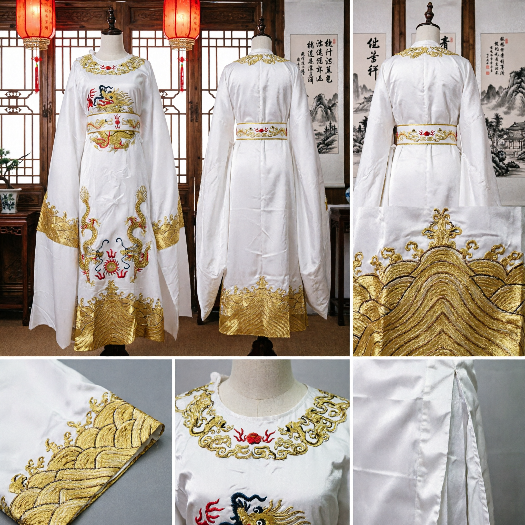 Traje Tradicional Chino de la Ópera de Pekín Túnica del Dragón Blanco Hanfu Antiguo Bordado para Hombres Actuación - Asian Costume
