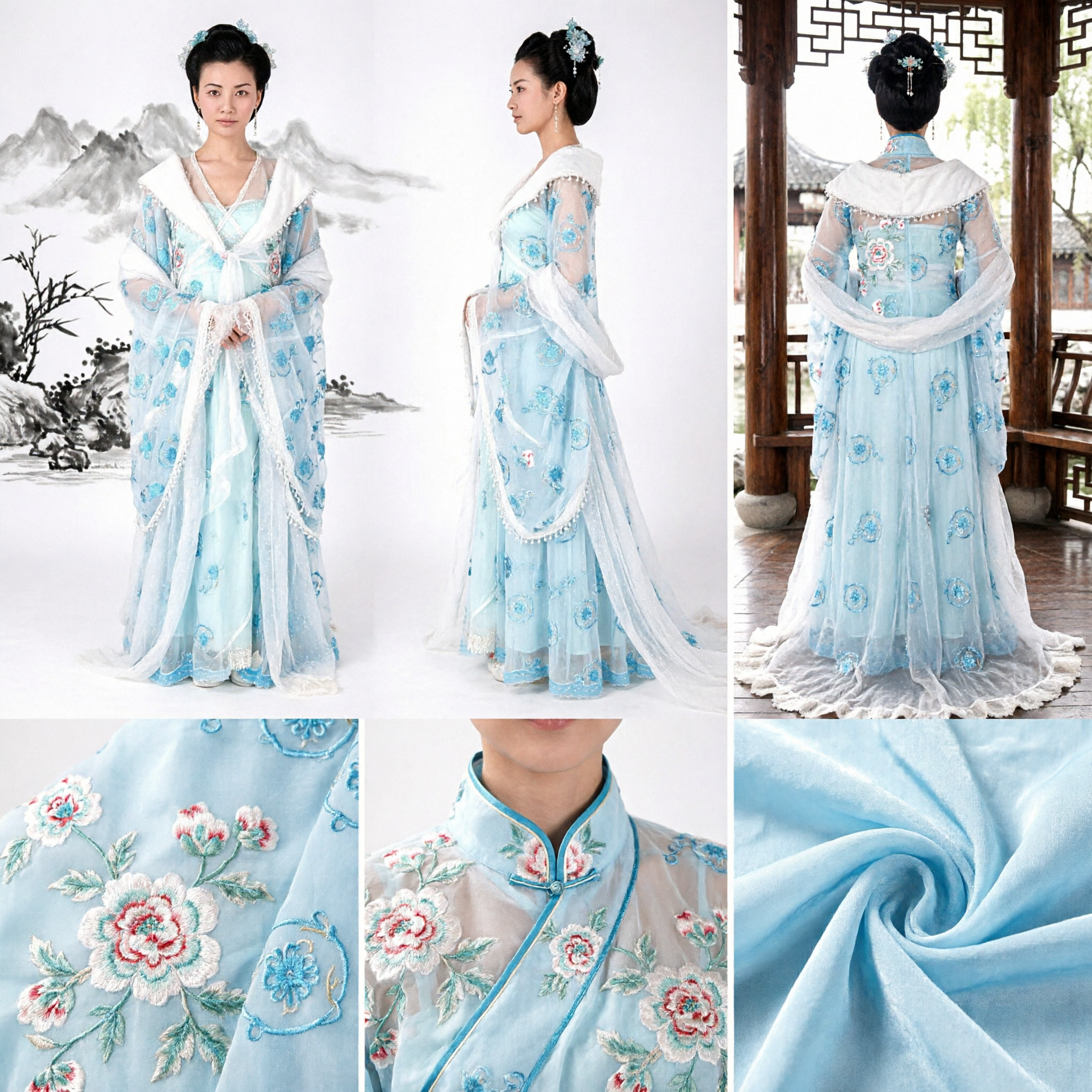Elegante Hanfu Blu Antico Costume da Fata Cinese con Bordo in Pelliccia Bianca e Ricami Floreali per Spettacoli Teatrali - Asian Costume