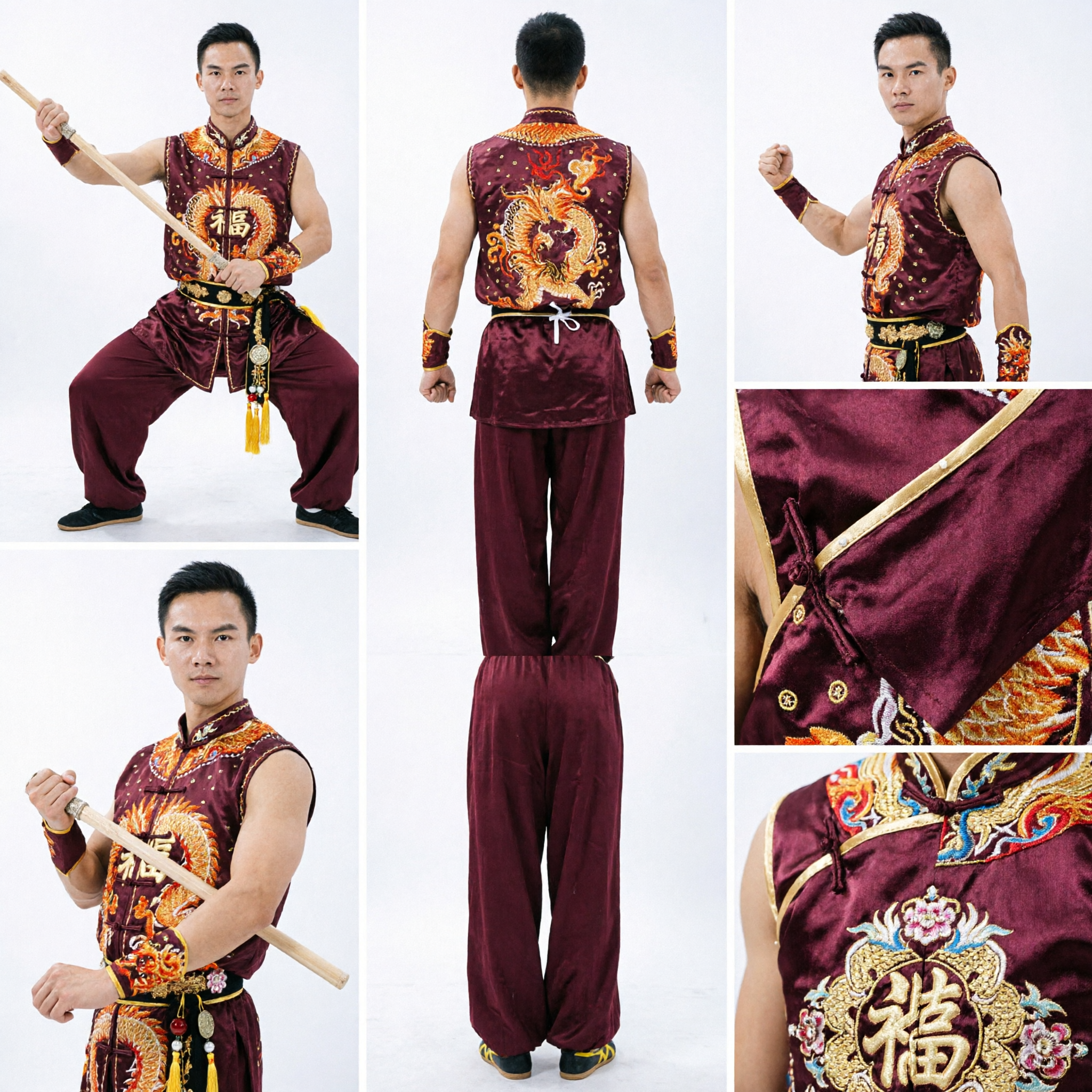 Uniforme Tradicional de Competição Wushu para Homens Sem Mangas Bordado de Dragão Vinho Conjunto de Traje de Artes Marciais Kung Fu - Asian Costume