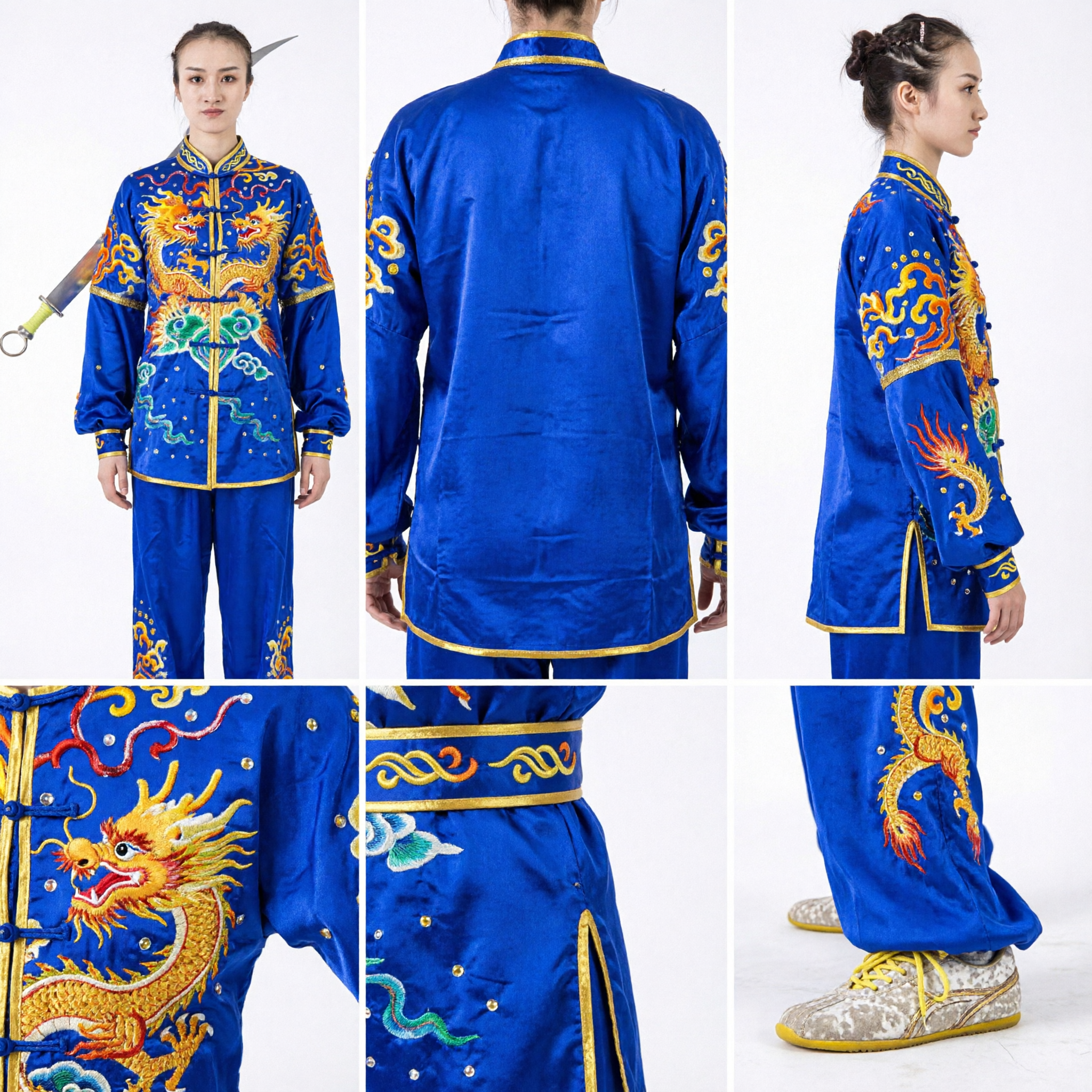 Uniforme Wushu Tradizionale Blu per Donne con Ricamo Drago Dorato per Competizione e Spettacolo di Kung Fu - Asian Costume