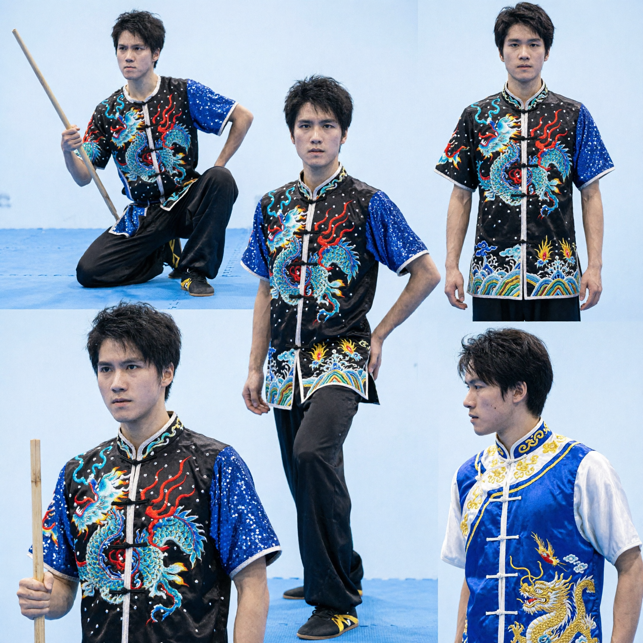 زي ووشو كونغ فو محترف للرجال أسود بتطريز تنين من الترتر بدلة للمنافسات لعروض الفنون القتالية - Asian Costume