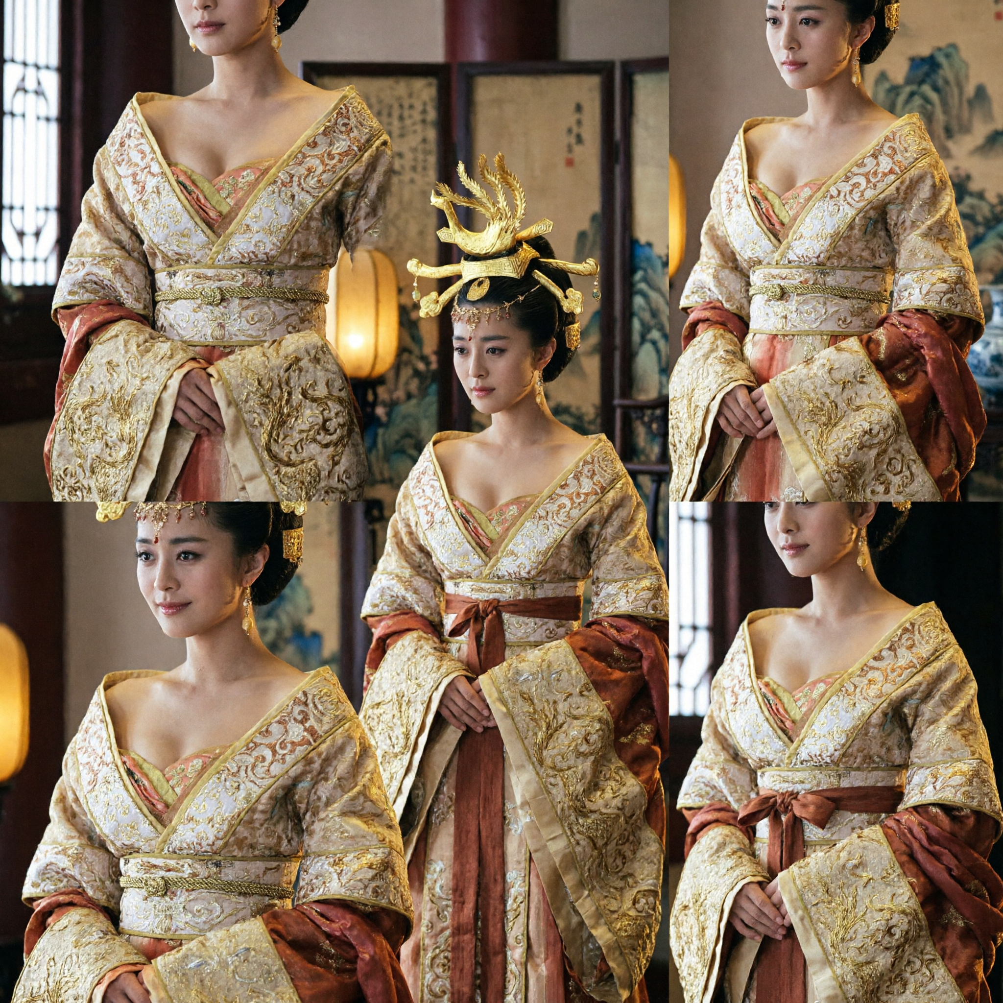 伝統的中国唐王朝皇后漢服コスチュームセット 金鳳凰冠付き 女性用コスプレ - Asian Costume