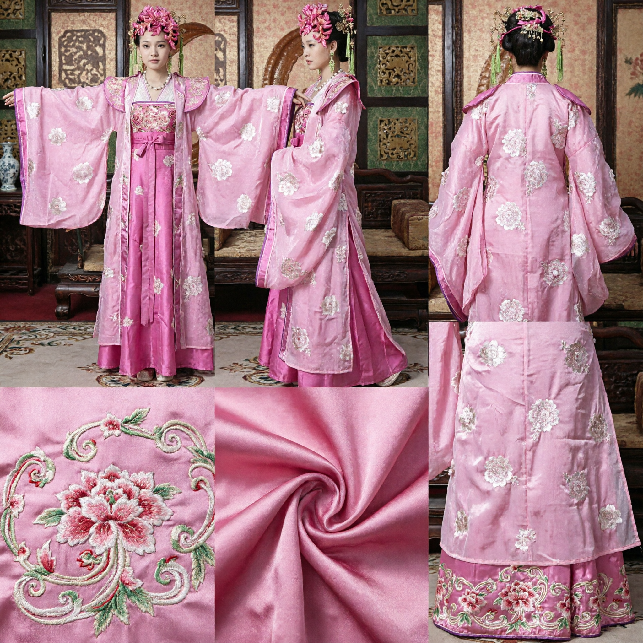 Costume Hanfu tradizionale cinese rosa per Donne, Abito da Palazzo ricamato da Principessa della Dinastia Tang, Set Completo con Accessori per Capelli - Asian Costume