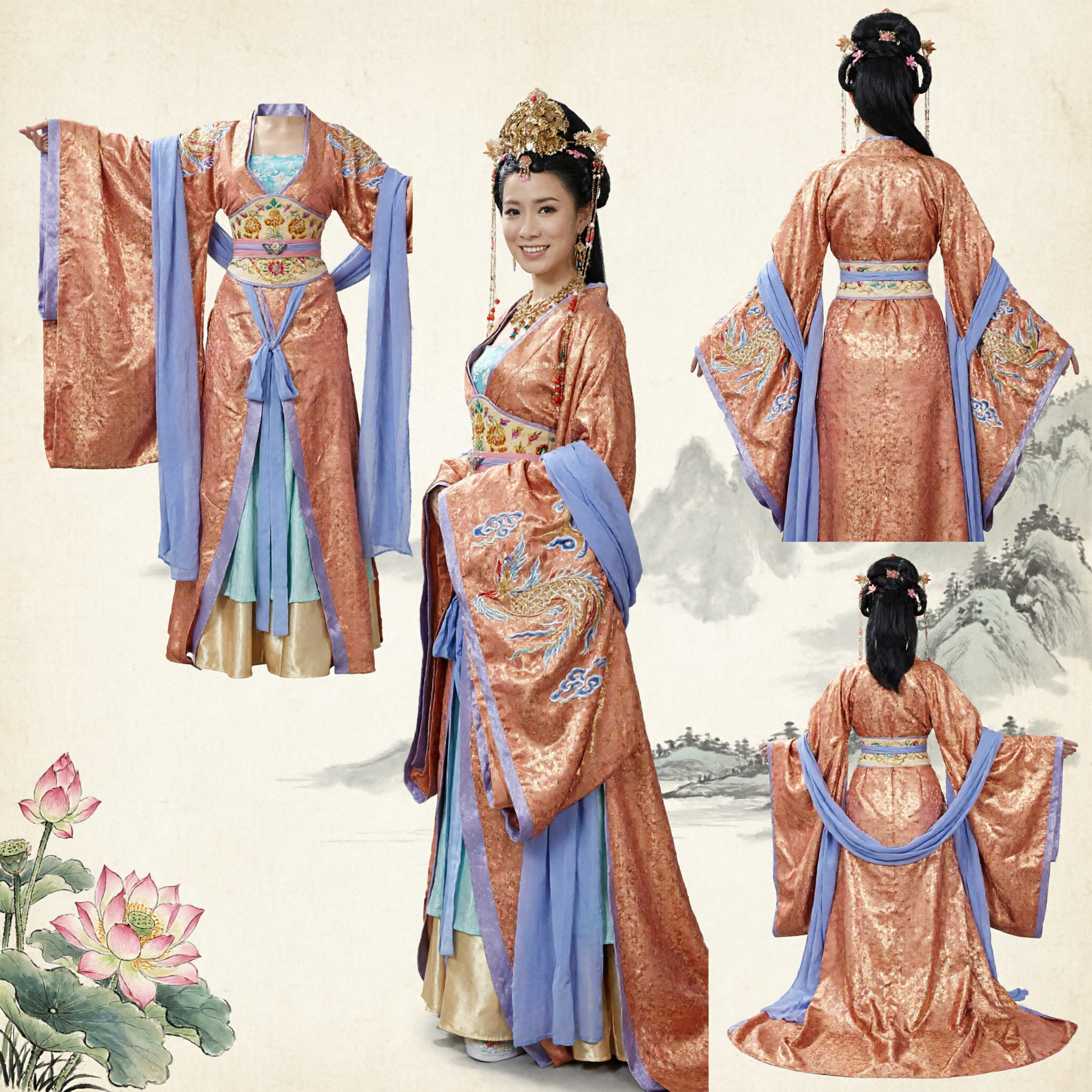 Costume Hanfu de Princesse de la Dynastie Tang Traditionnelle - Robe Ancienne d'Impératrice Orange et Or pour Femmes - Asian Costume