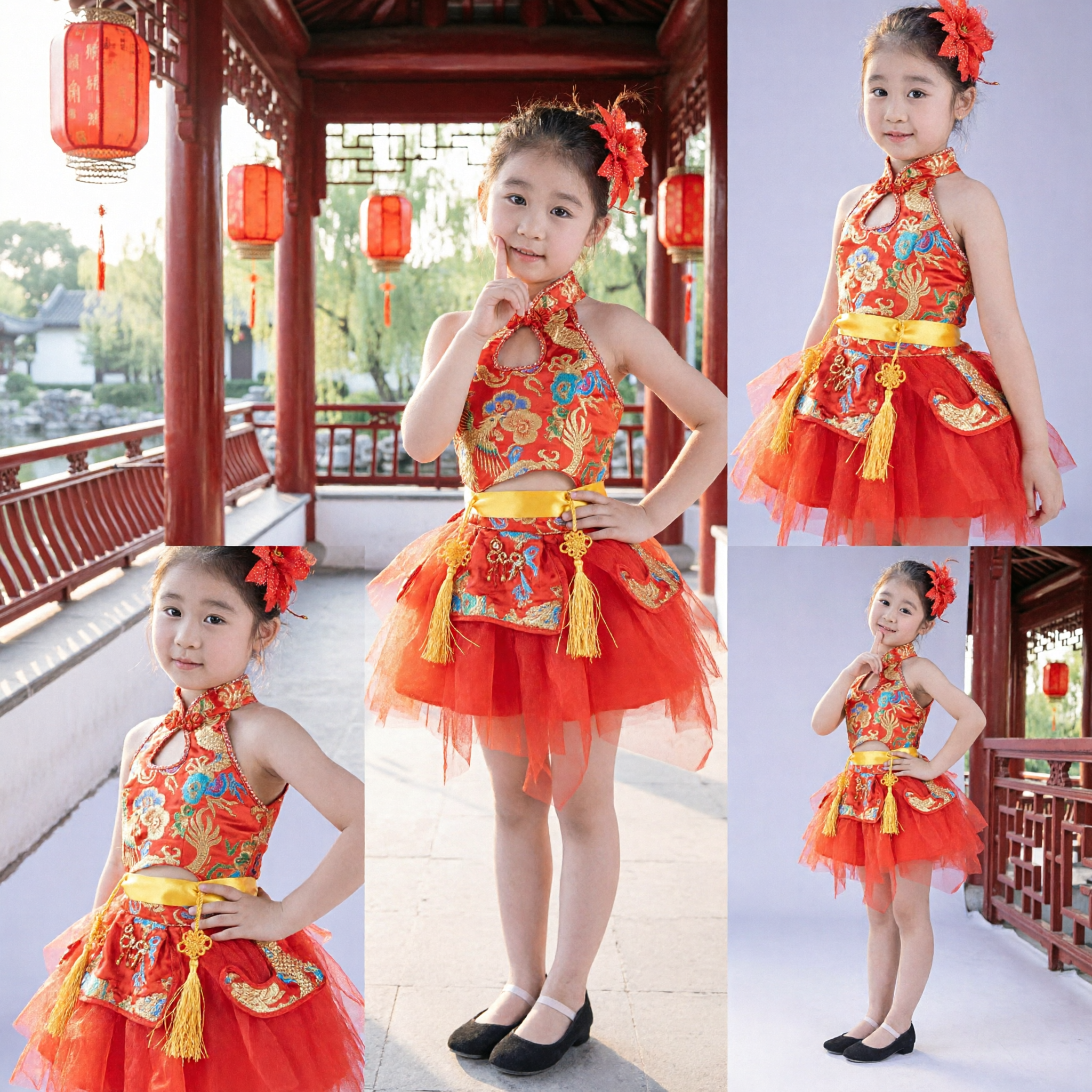 Kinderen Chinees Traditioneel Dans Kostuum Rode Feniks Borduursel Cheongsam Podium Optreden Jurk voor Meisjes - Asian Costume