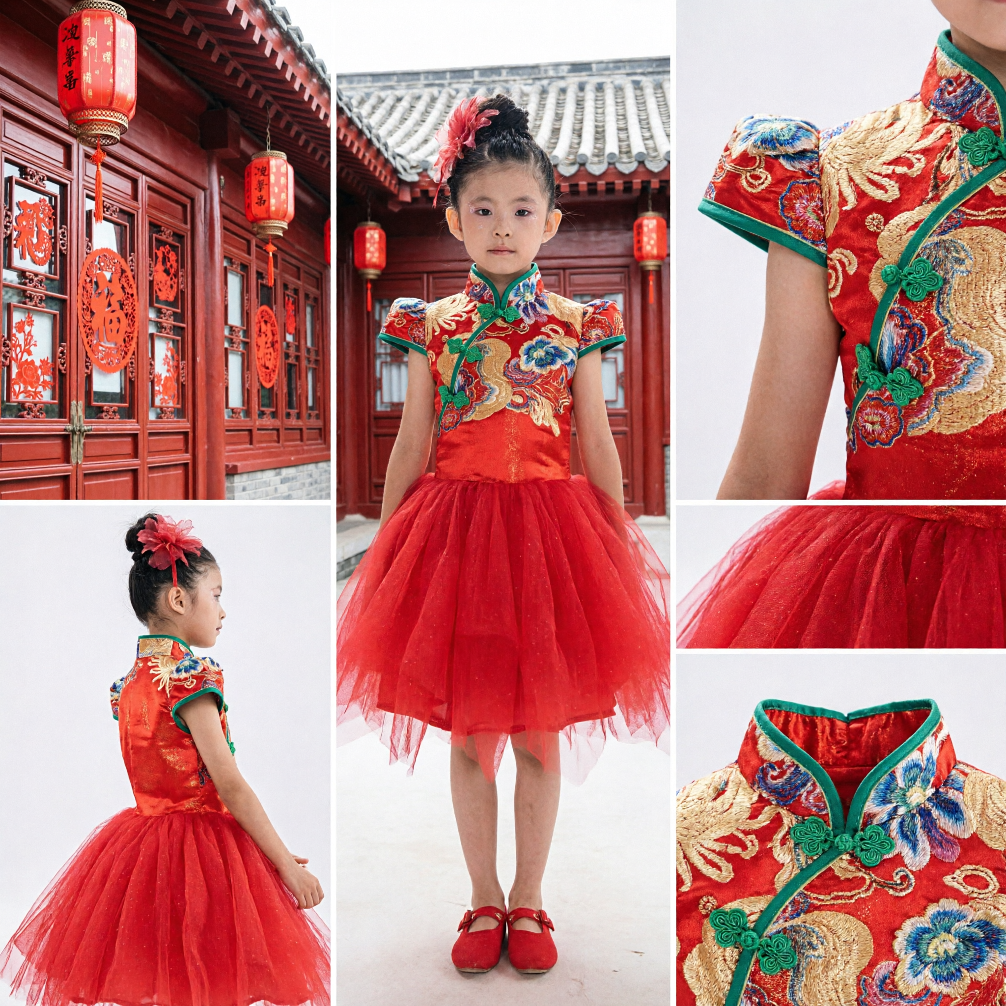 Vestido Tradicional Chinês Cheongsam para Meninas Crianças Top Qipao Floral Vermelho com Saia de Tule para Performance - Asian Costume
