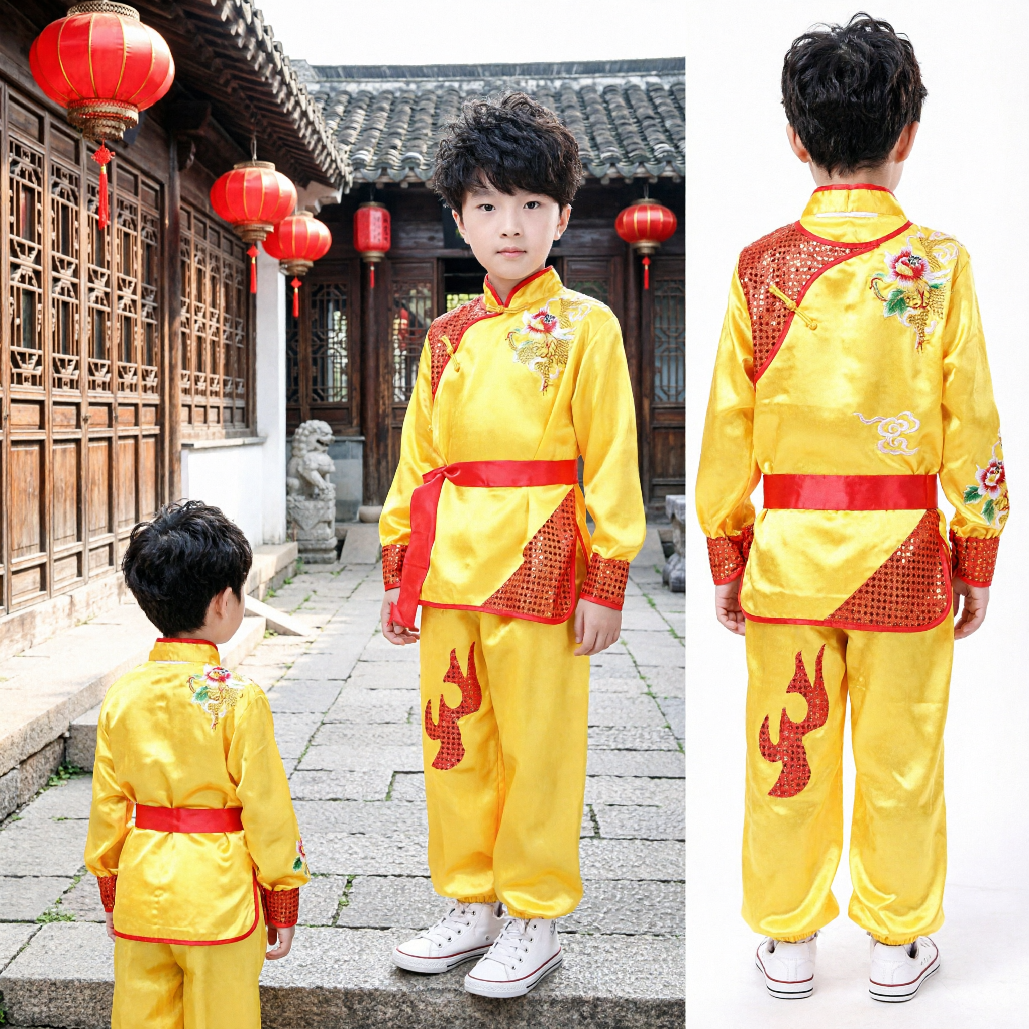 Costume di Kung Fu Cinese Giallo per Ragazzi Uniforme Tradizionale per Danza del Drago e Arti Marziali per Spettacoli di Bambini - Asian Costume
