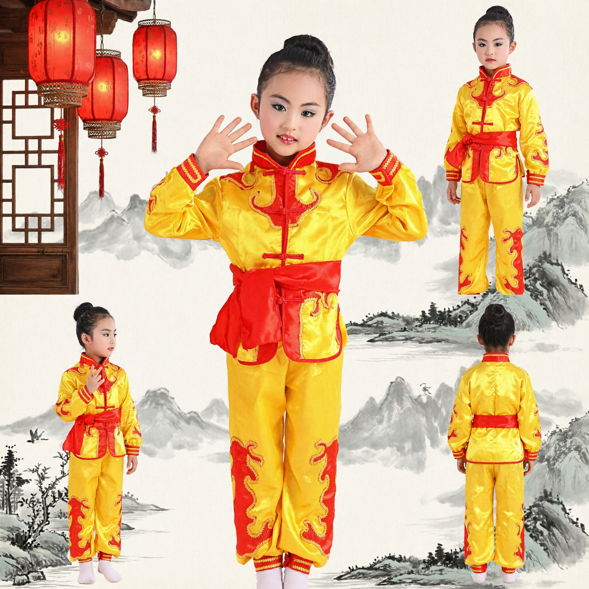 Uniforme chinois de Kung Fu jaune pour enfants, costume traditionnel de Wushu du dragon pour filles, performance scénique d'arts martiaux - Asian Costume