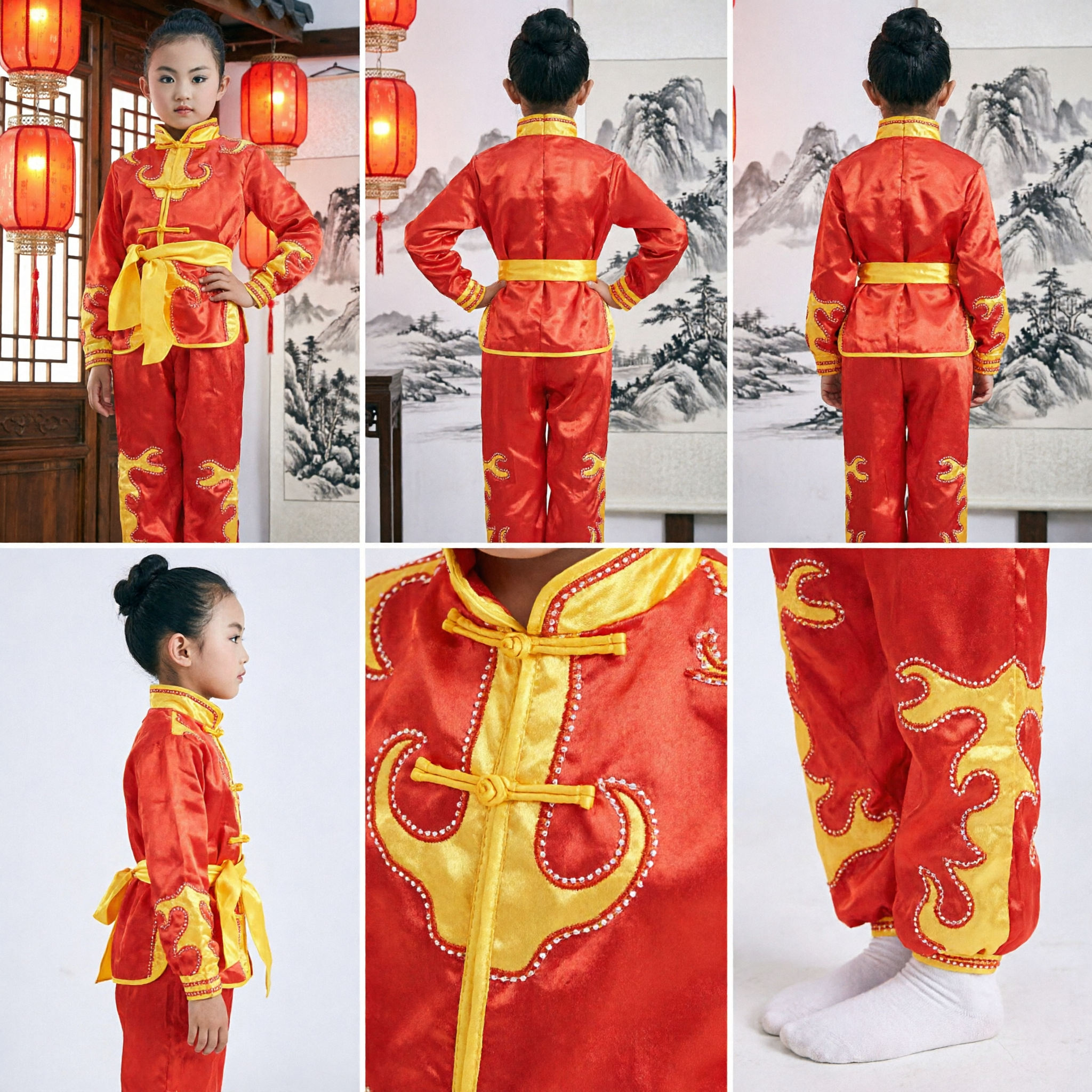 Uniforme traditionnel chinois de Kung Fu pour enfants, costume Wushu satiné rouge et jaune, performance d'arts martiaux pour filles - Asian Costume