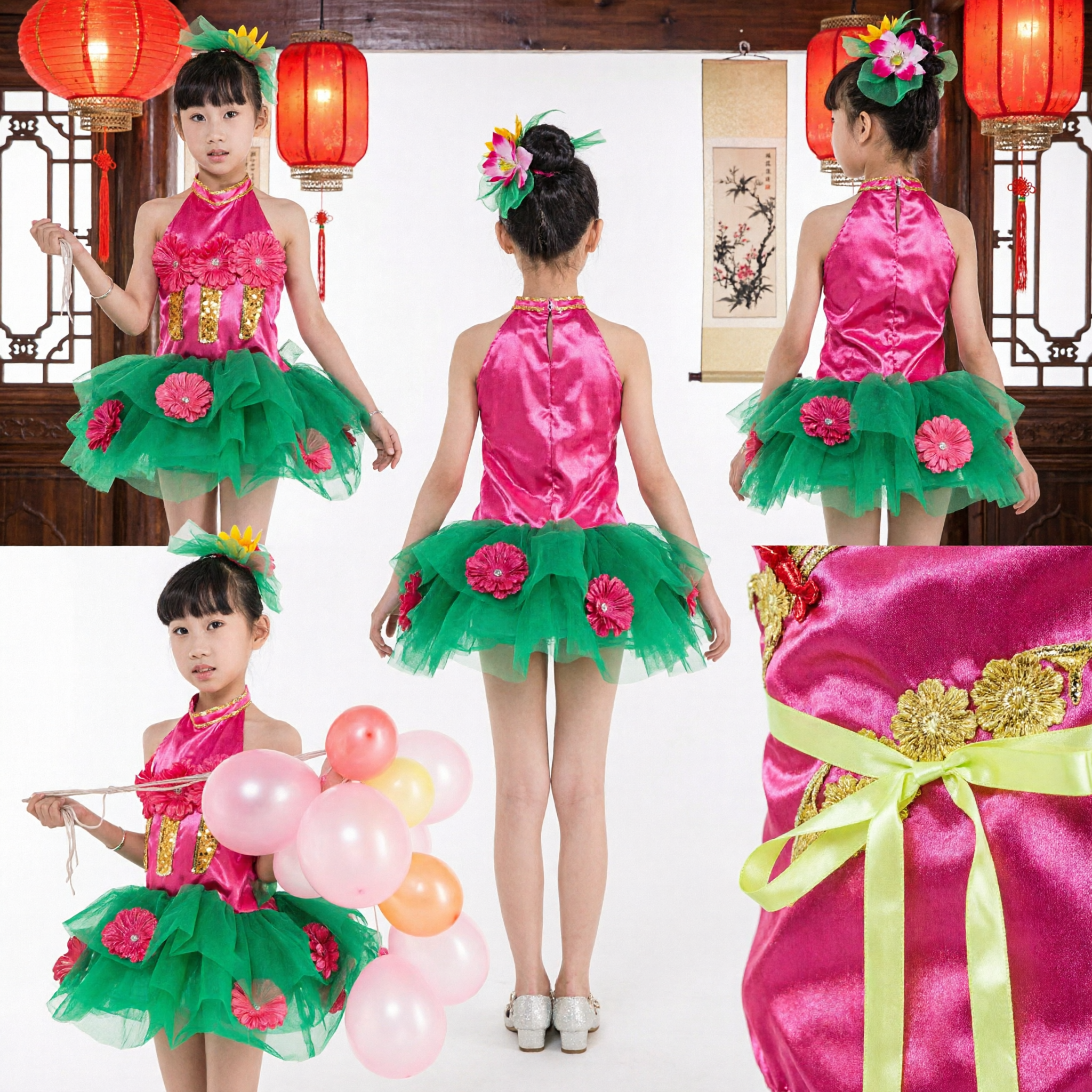 Mädchen traditionelles chinesisches Lotus-Tanzkostüm, rosa-grünes Tutu-Kleid für Bühnenaufführungen - Asian Costume