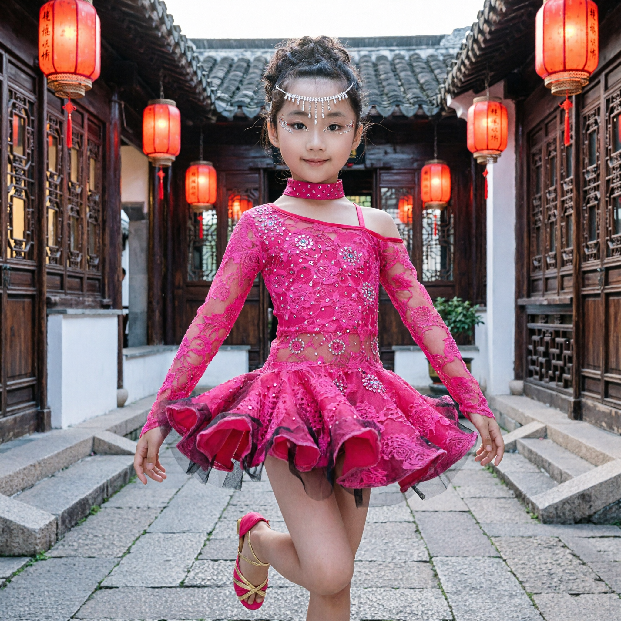 فستان الرقص اللاتيني الوردي للفتيات الصغيرات - زي مسابقة البالروم المرصع بالراينستون مع تنورة مموجة للأداء - Asian Costume