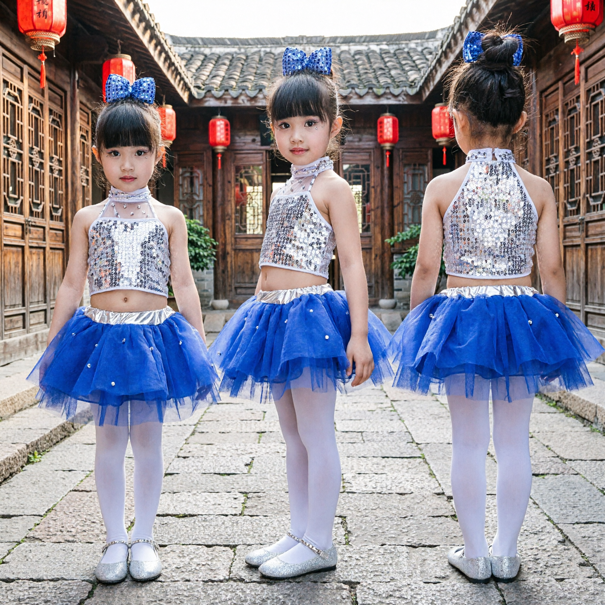 Traje de Dança Tutu Azul com Lantejoulas para Meninas Vestido Moderno de Performance no Palco para Jazz e Cheerleader para Crianças - Asian Costume