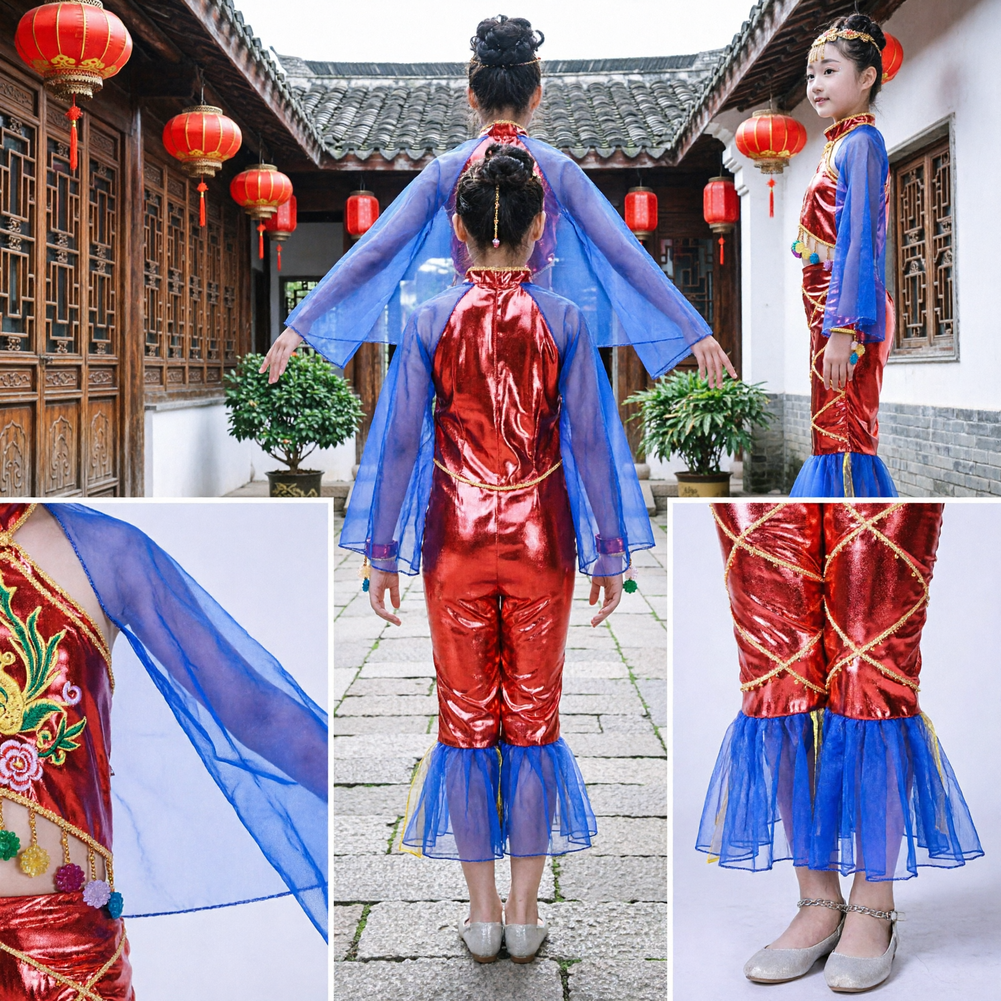 Traje de Danza Tradicional Chino de Dunhuang para Niñas, Atuendo Rojo de Apsara Voladora para Presentaciones en Escenario - Asian Costume