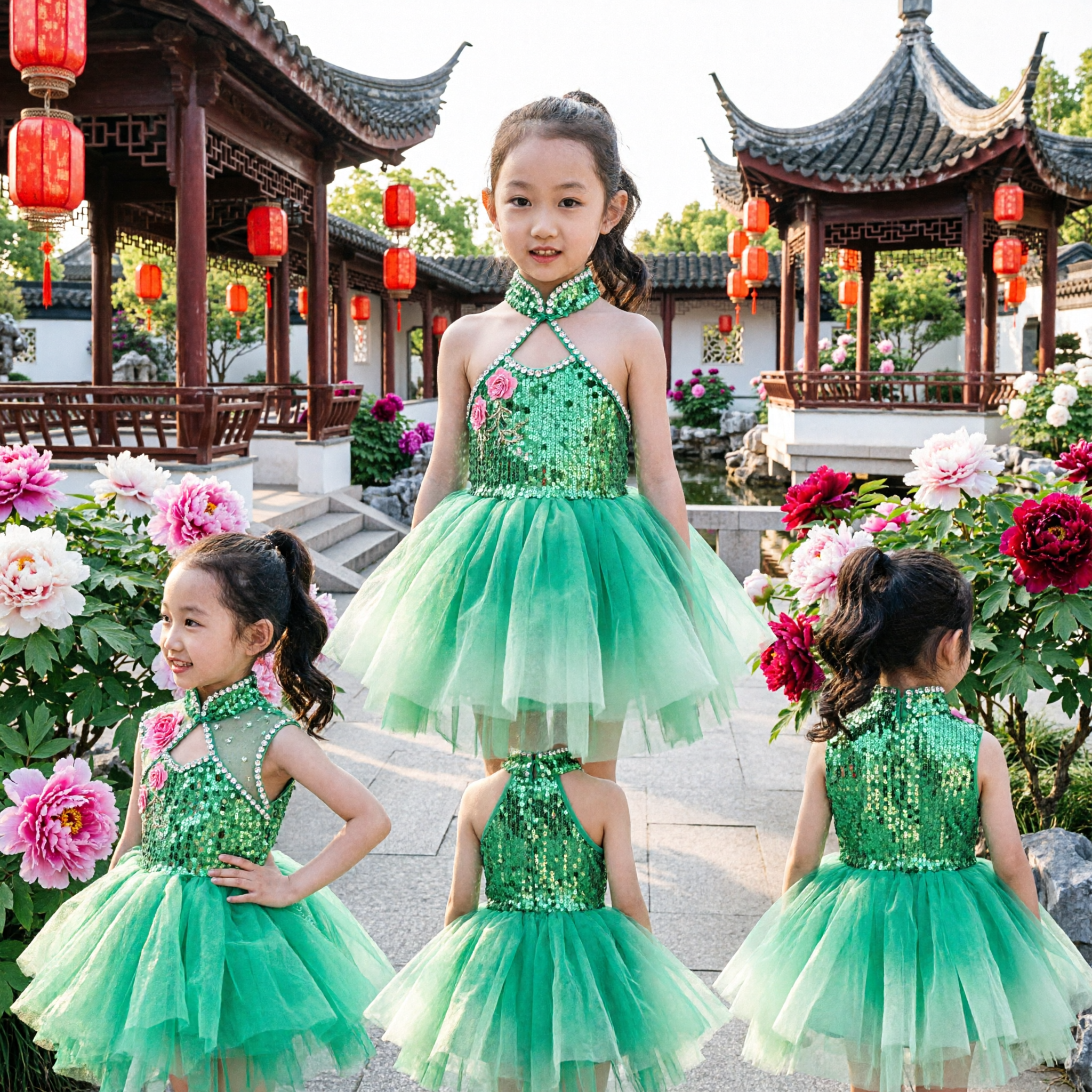 Kinderen Meisjes Groene Parelmoer Chinese Folk Dance Kostuum Traditionele Podiumoptreden Jurk - Asian Costume