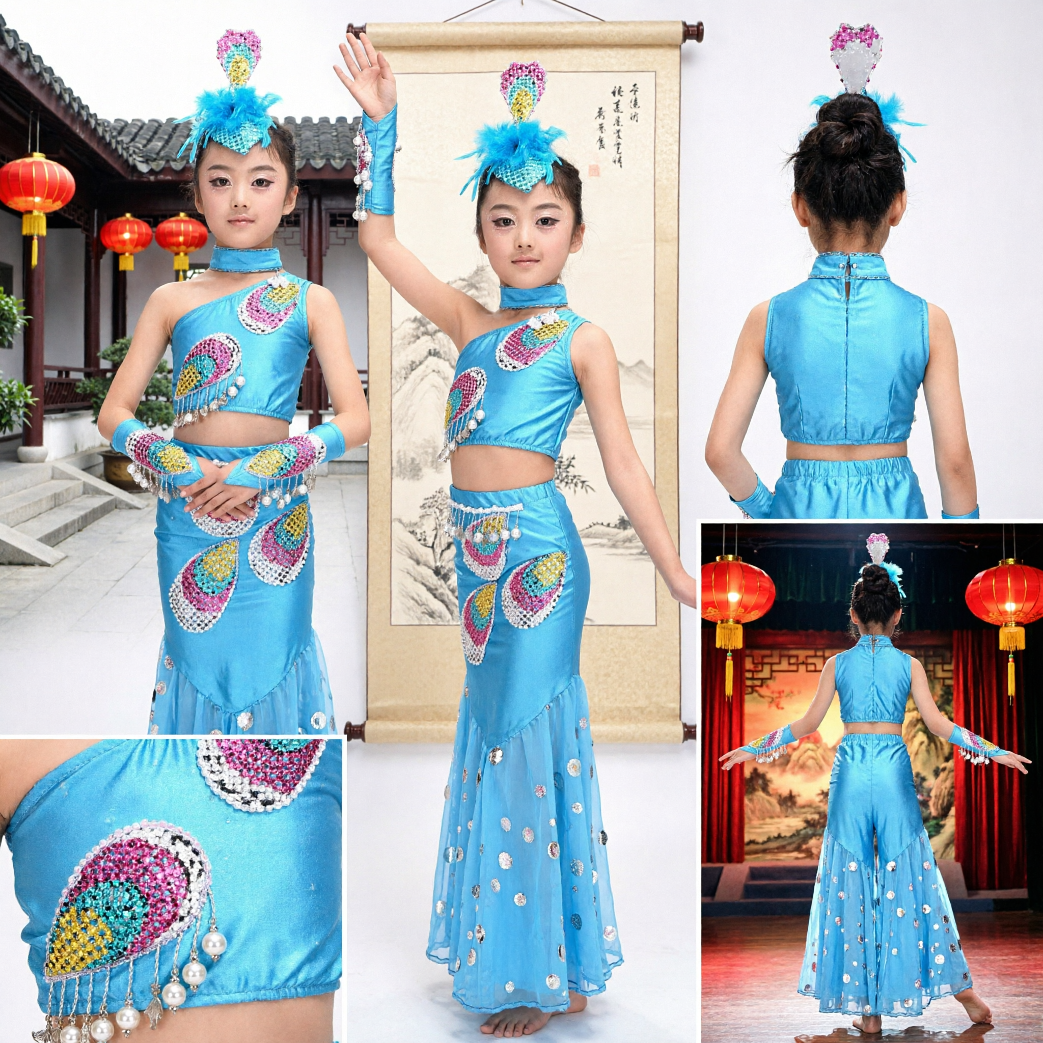 Traje de Danza del Pavo Real Azul para Niñas Vestido Tradicional de Danza Folklórica de la Etnia Dai China para Representación Escénica - Asian Costume