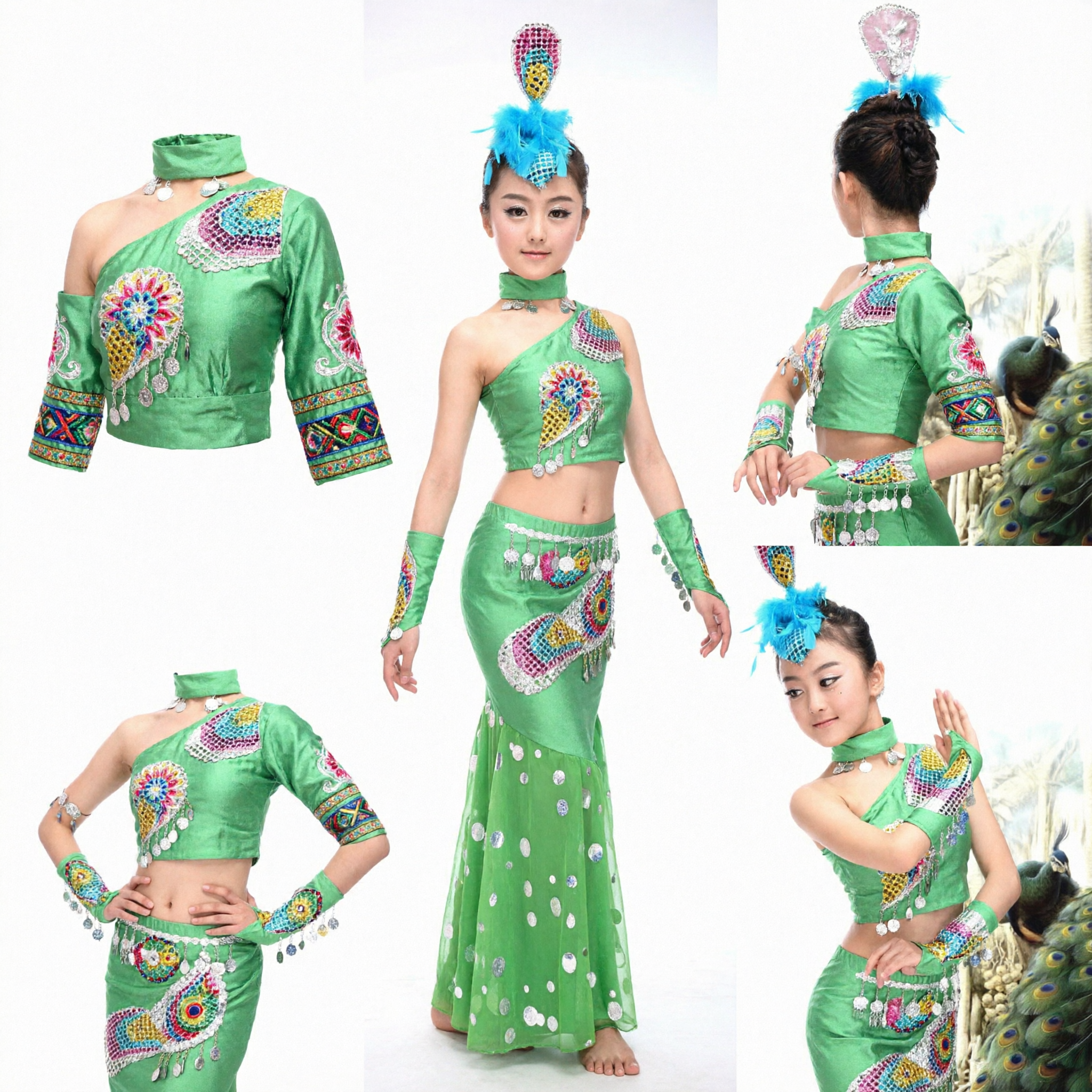 Traje de Danza del Pavo Real Verde Dai para Niñas Vestido Tradicional de Etnia para Representación Escénica con Tocado - Asian Costume