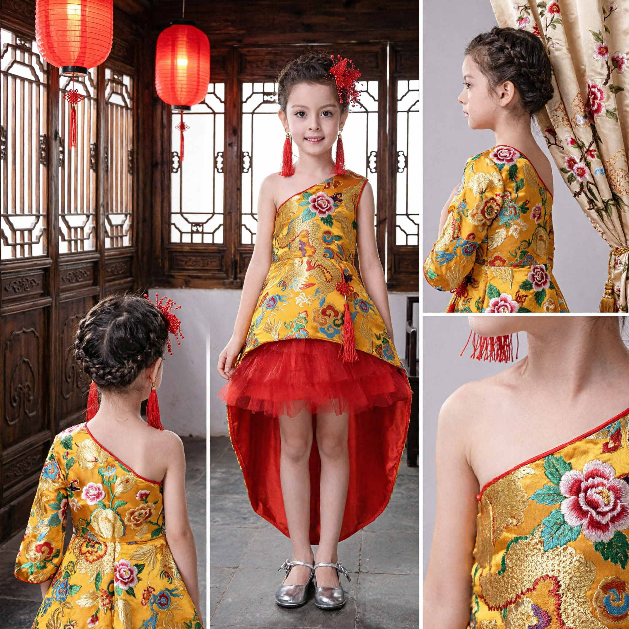 Meisjes Chinese Traditionele Draak Feniks Brokaat Cheongsam Jurk Rode Tule Rok Kinderen Optreden Kostuum - Asian Costume