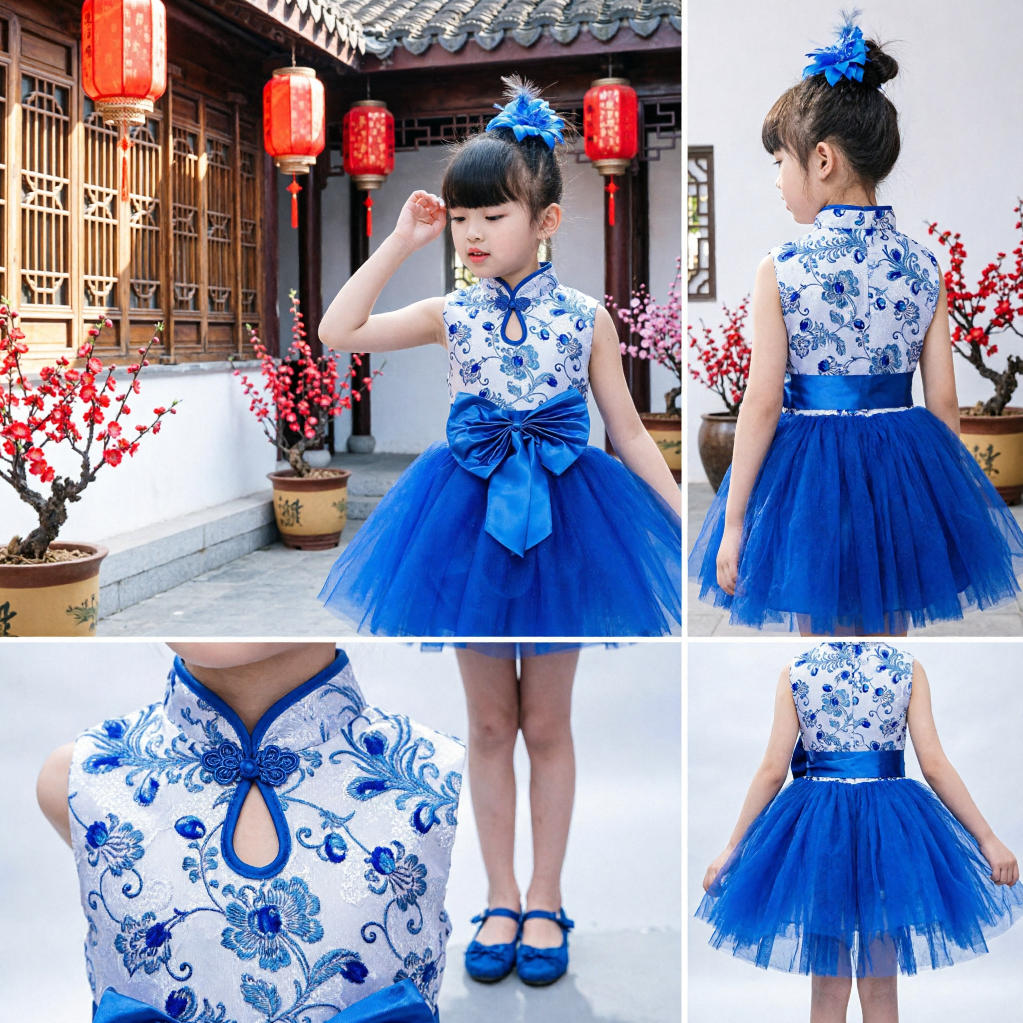 Abito per Bambine Cheongsam Cinese Blu Reale con Gonna Tutu Top Ricamato Floreale Costume per Festa e Spettacolo - Asian Costume