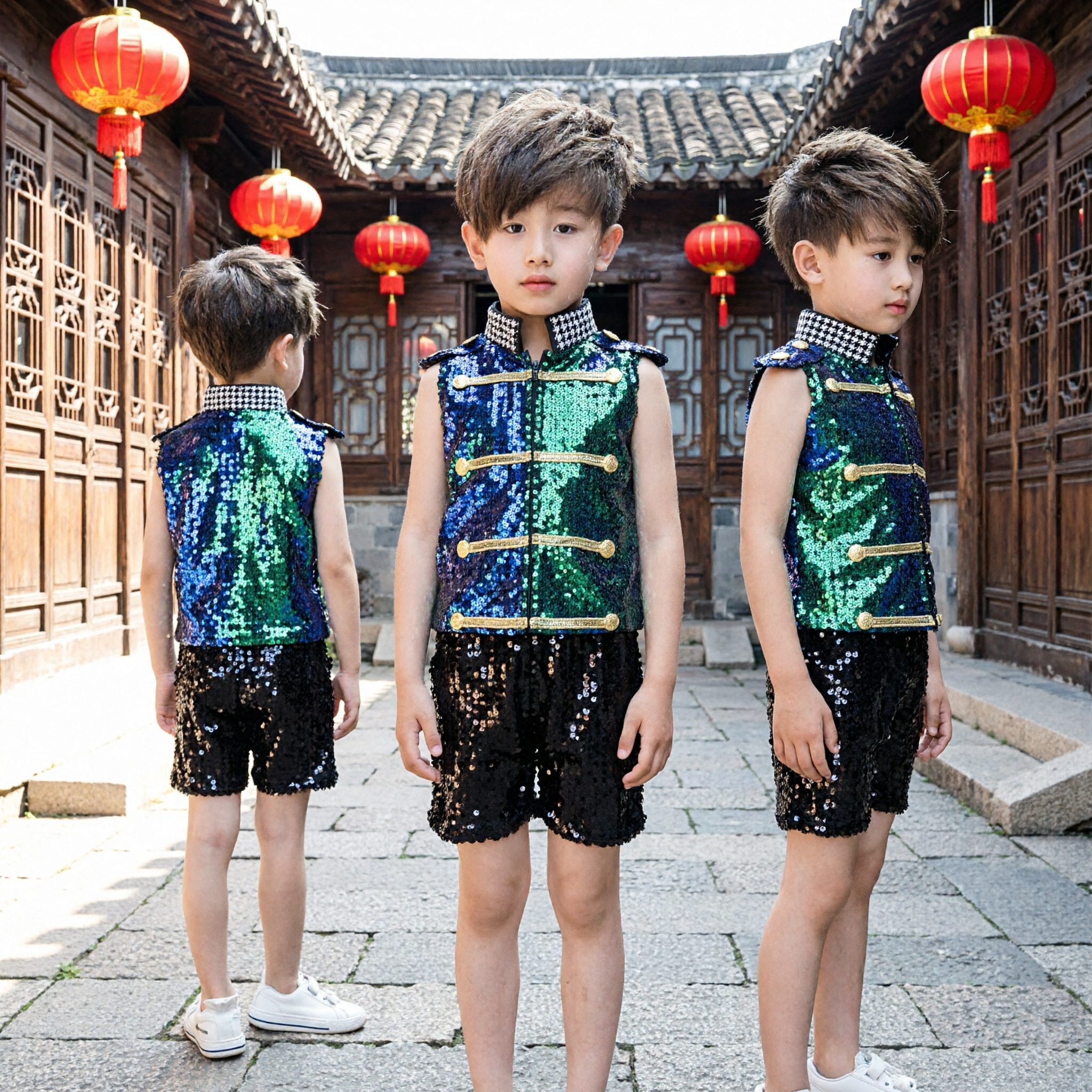 Glitzerndes Pailletten-Weste-und-Shorts-Set für Jungen Chinesischer Tang-Anzug-Stil Bühnen-Tanzaufführungskostüm - Asian Costume