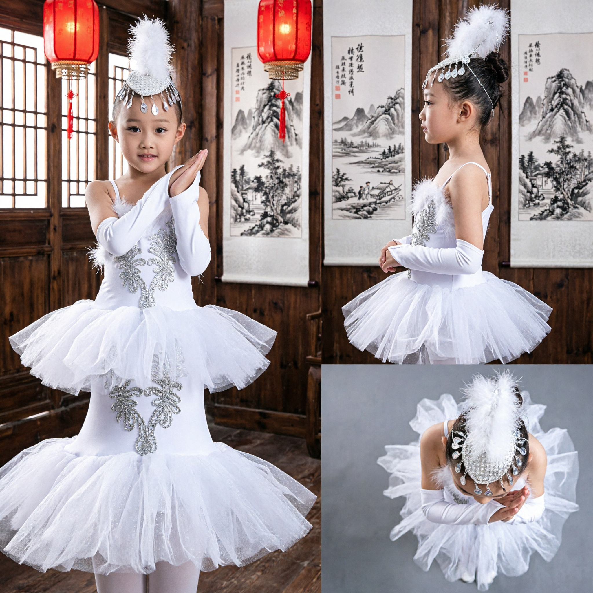 Weißes Schwanen-Ballett-Tutukleid für Mädchen mit Federkopfschmuck für Bühnen-Tanzaufführungsshow - Asian Costume