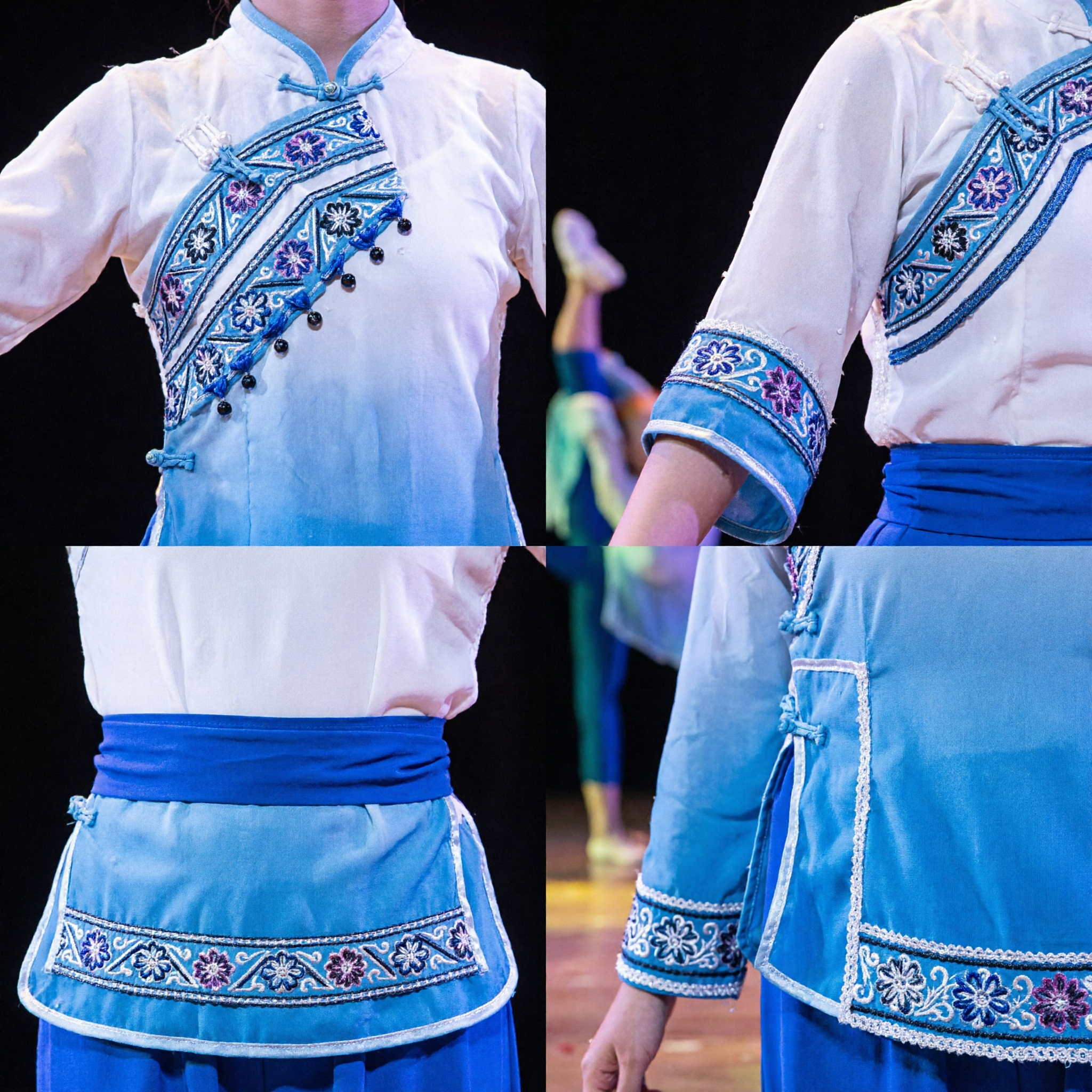 Traje de Danza Clásica China para Mujer, Conjunto en Degradé Verde Azulado y Blanco para Actuación en Grupo y Competencia Escénica - Asian Costume