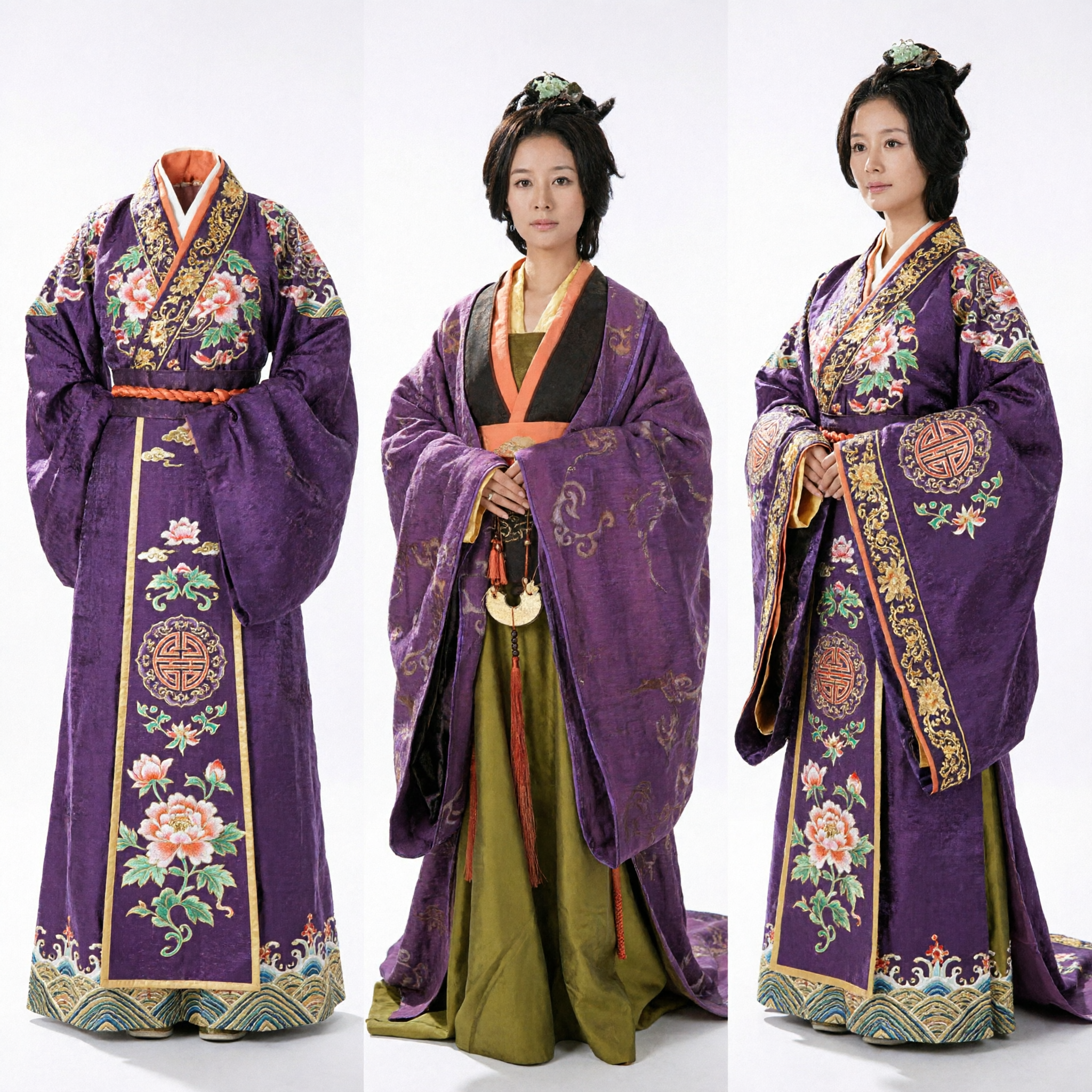 여성 전통 중국 한푸 의상 고대 귀부인 퍼플 로브 그린 스커트 역사 코스프레 - Asian Costume