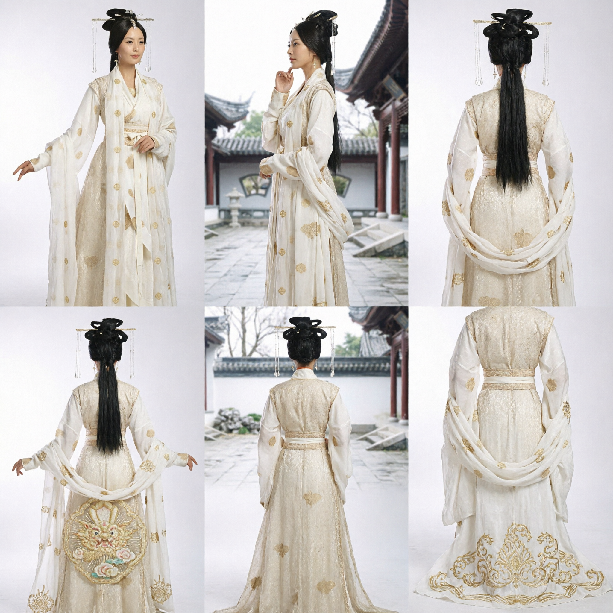 Exquisito Traje Hanfu Antiguo Chino Blanco y Dorado para Mujer, Vestido de Princesa Tradicional para Cosplay - Asian Costume