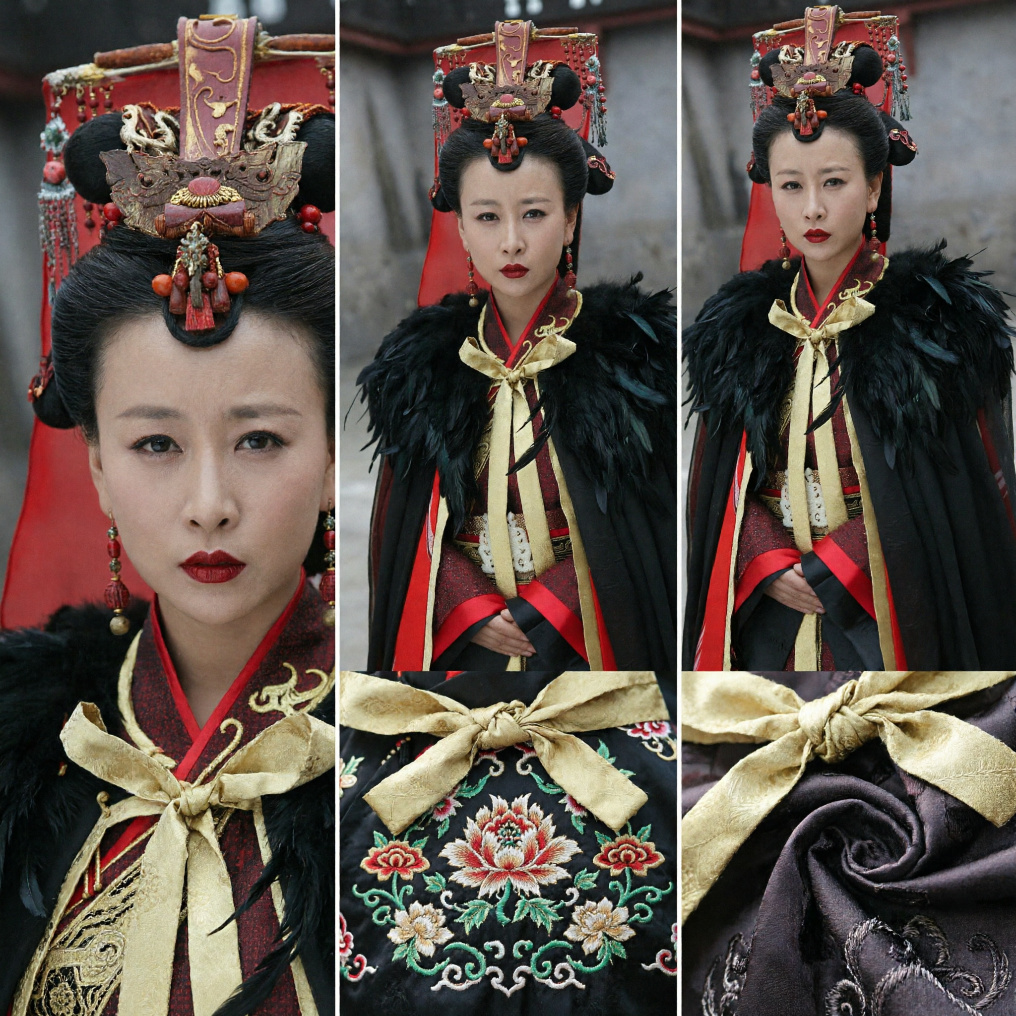 Ancient Chinese Royal Empress Costume Historical Drama Cosplay Outfit with Black Feather Cloak - Asian Costume