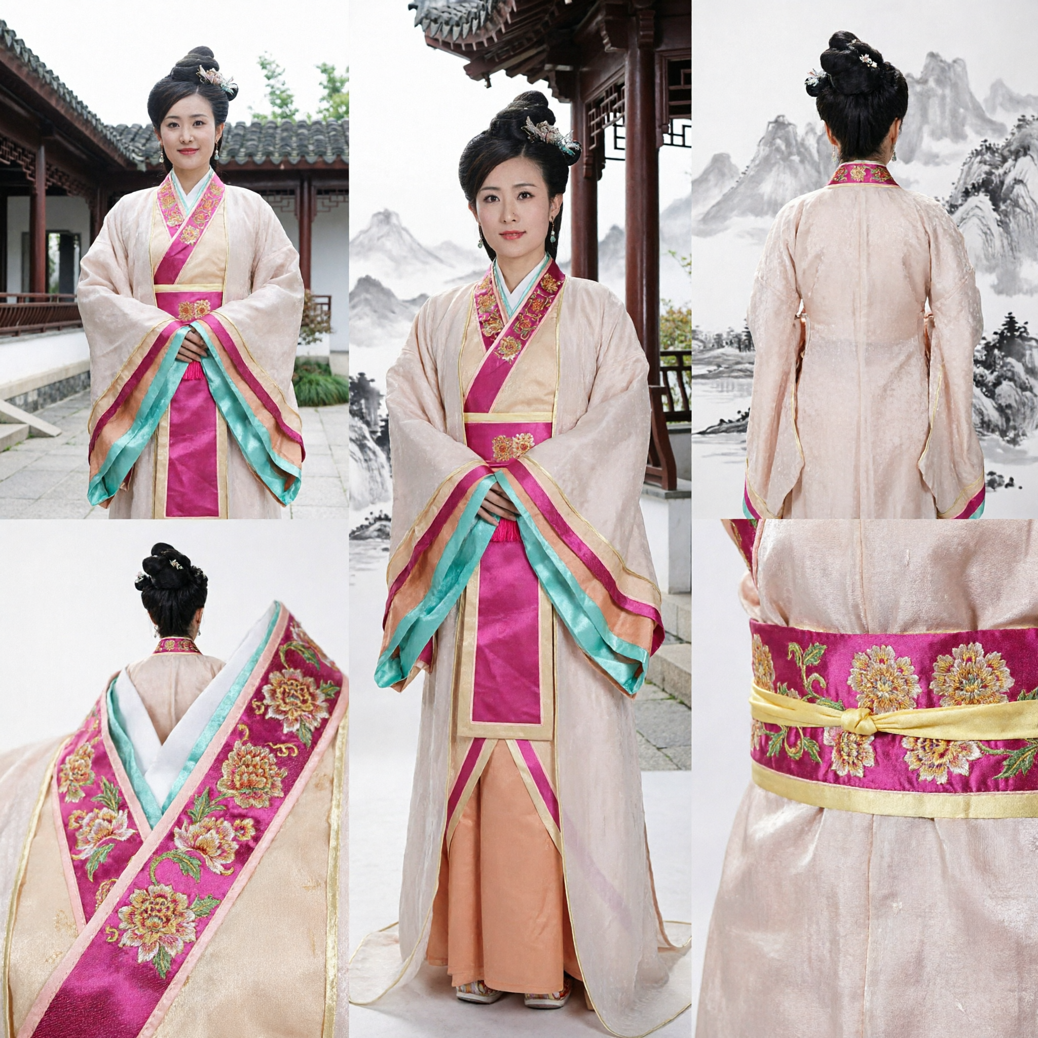 Antiek Chinees Hanfu Kostuum Vrouwen Traditioneel Beige en Roze Historische Jurken voor Cosplay Evenementen - Asian Costume