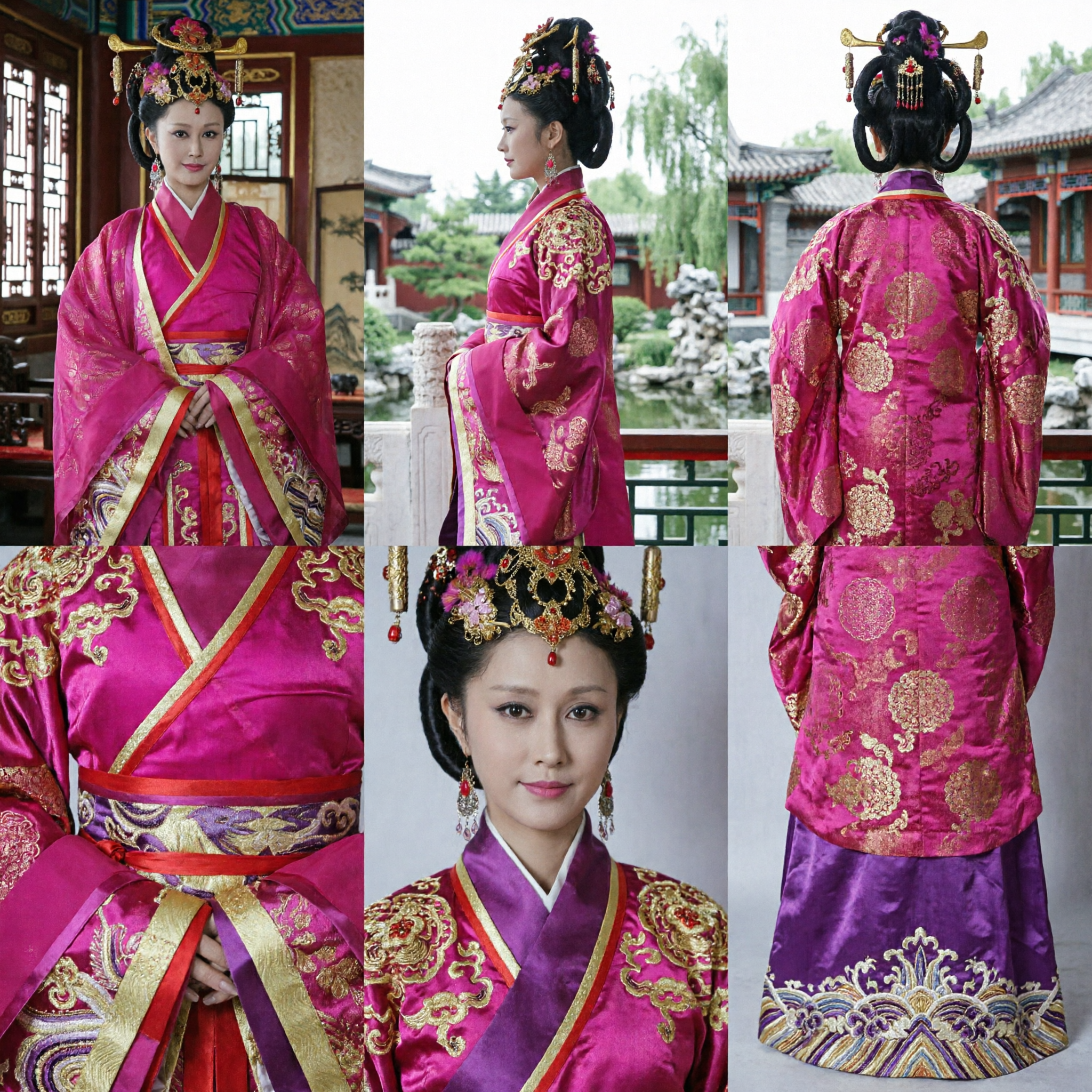 전통 고대 중국 황후 의상 핑크 한푸 로브와 금색 머리장식 여성 코스프레 공연용 - Asian Costume
