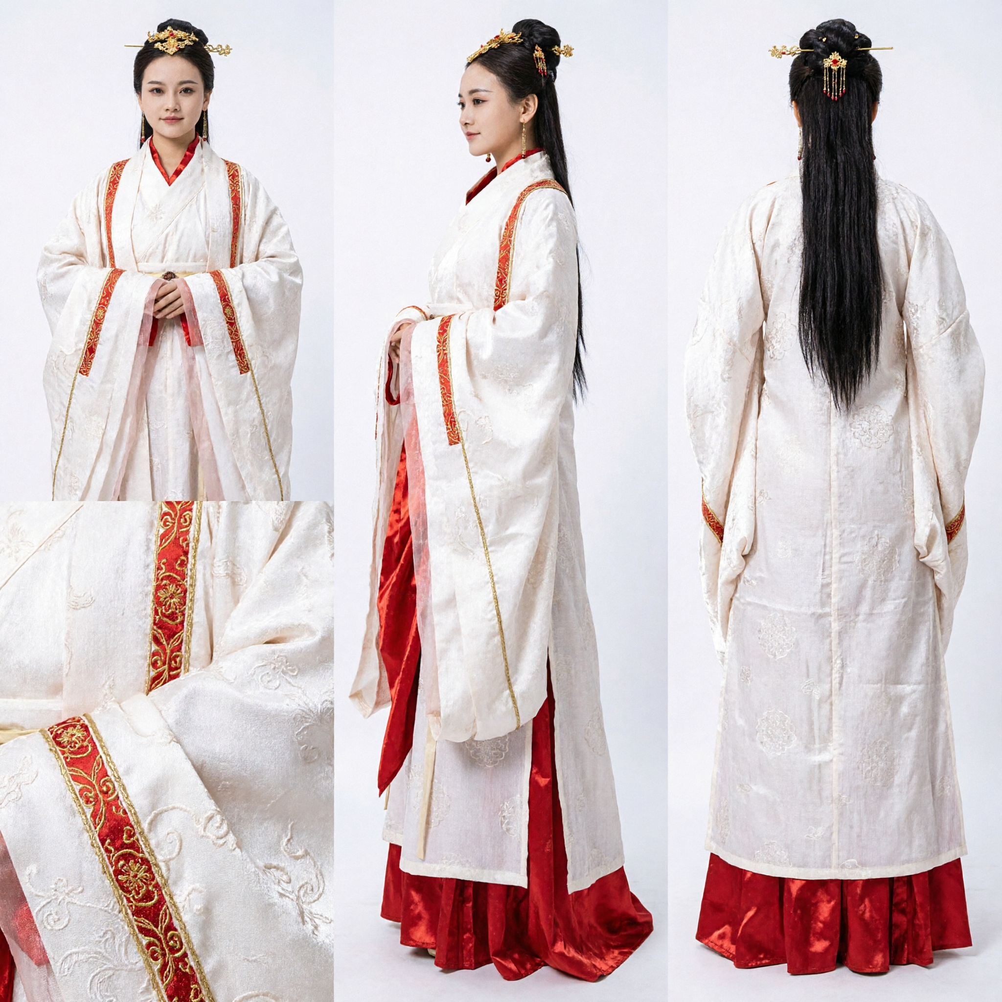 중국 전통 한푸 고대 공주 의상 흰색 로브 빨간색 트림 역사 드레스 여성 코스프레 - Asian Costume