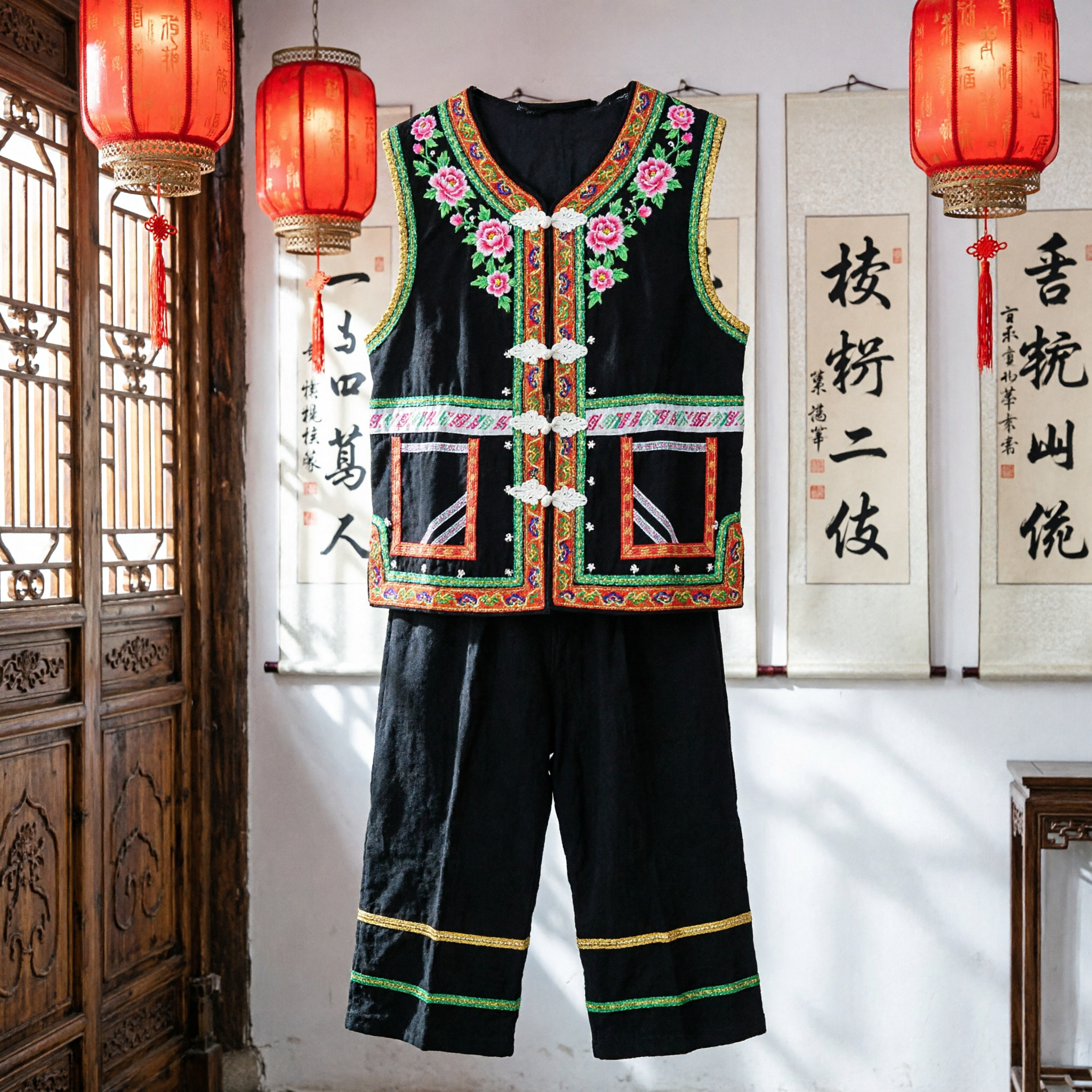 Traditionelles chinesisches Yi-Volksgruppe Schwarz bestickte Weste und Hose Kostüm für Volkstanz Bühnenauftritt - Asian Costume