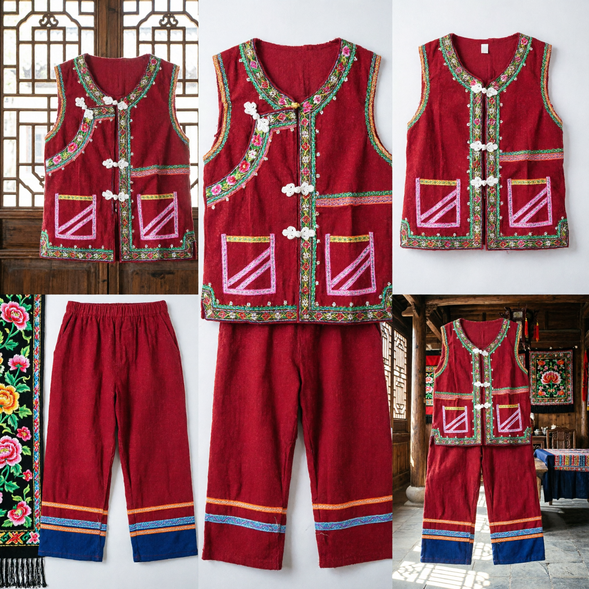 Costume Tradizionale Cinese per Danza Folkloristica Rossa, Set Ricamato di Gilet e Pantaloni per Spettacoli di Yangge e Tamburo alla Vita - Asian Costume