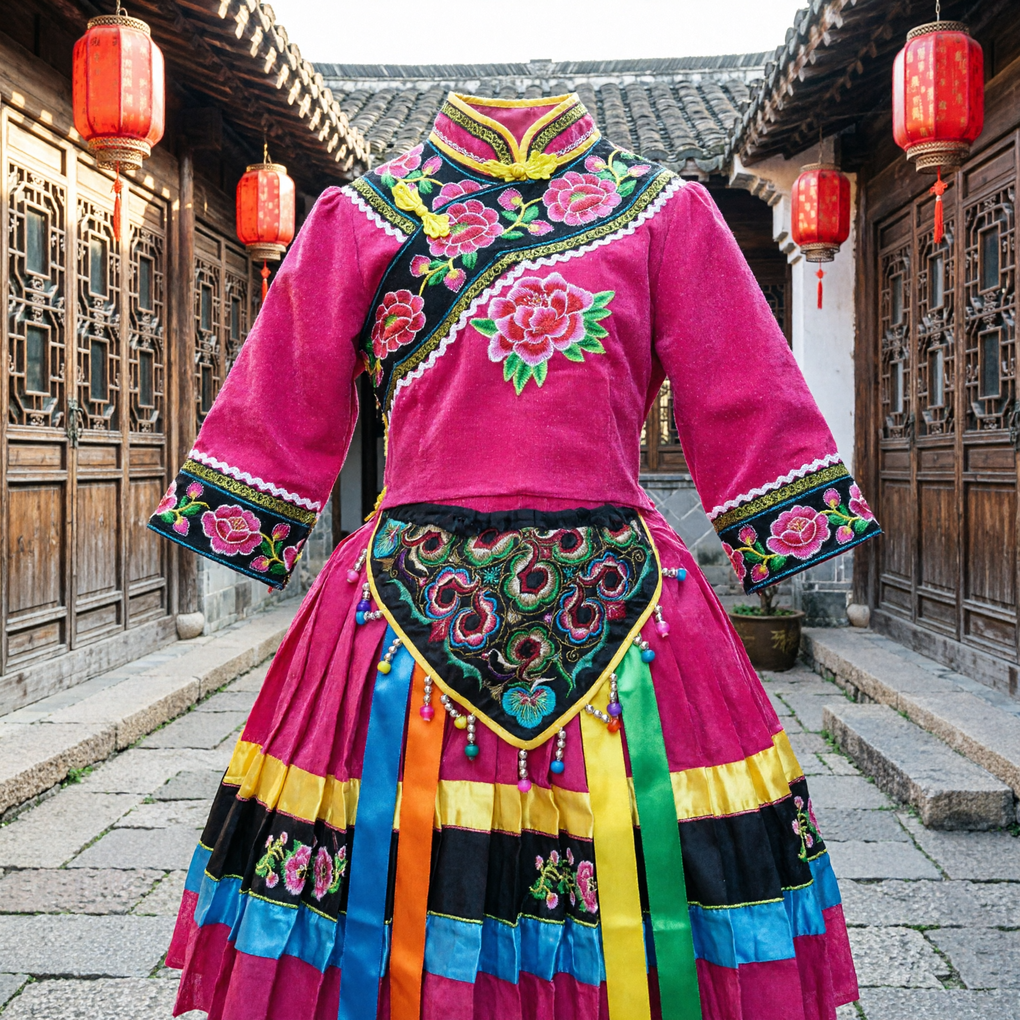 伝統的中国 ピンク モンゴル風 民族舞踊衣装 少女用 少数民族 刺繍ドレス - Asian Costume