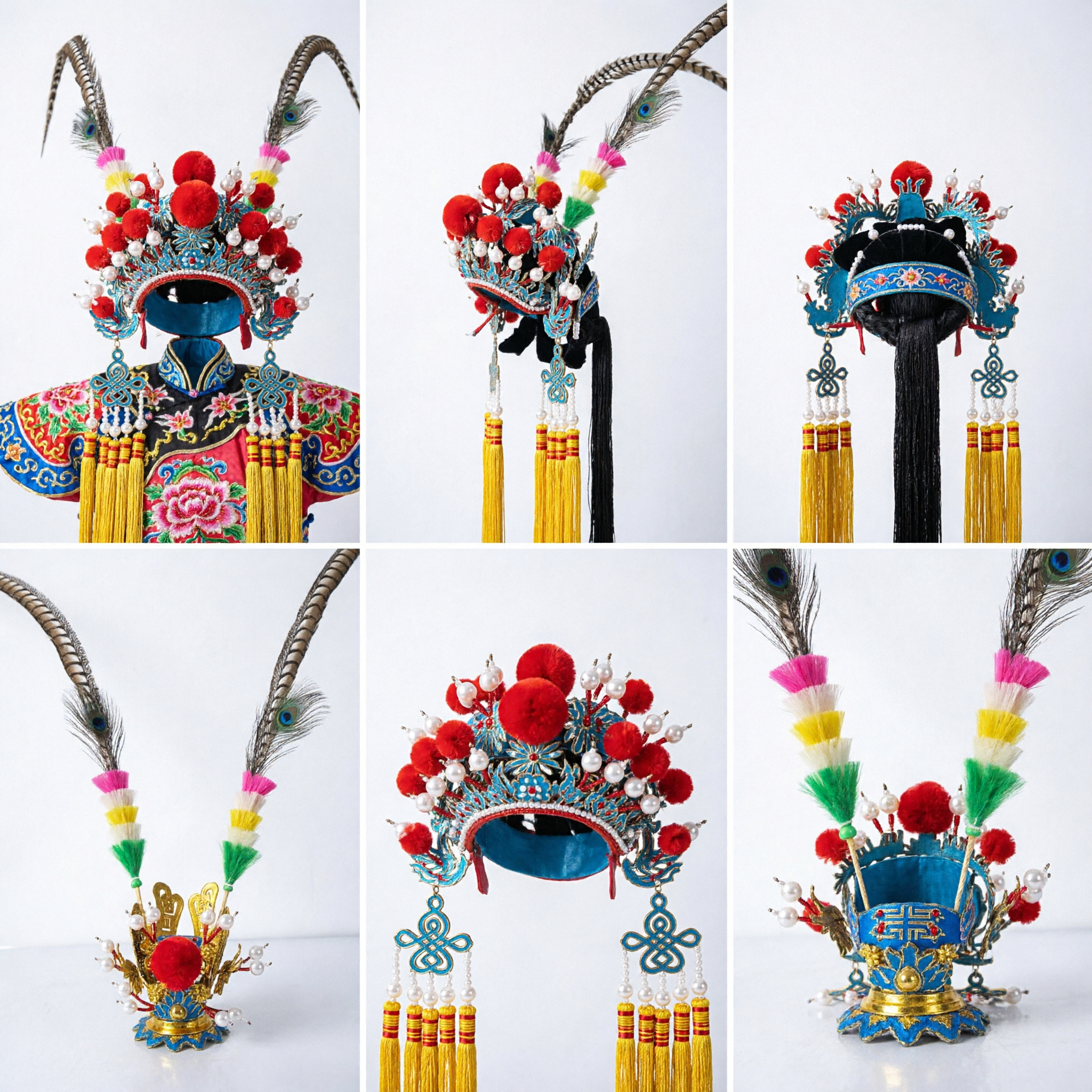 Casque de général d'opéra chinois traditionnel avec longues plumes de faisan (Lingzi) pour costume de performance scénique - Asian Costume