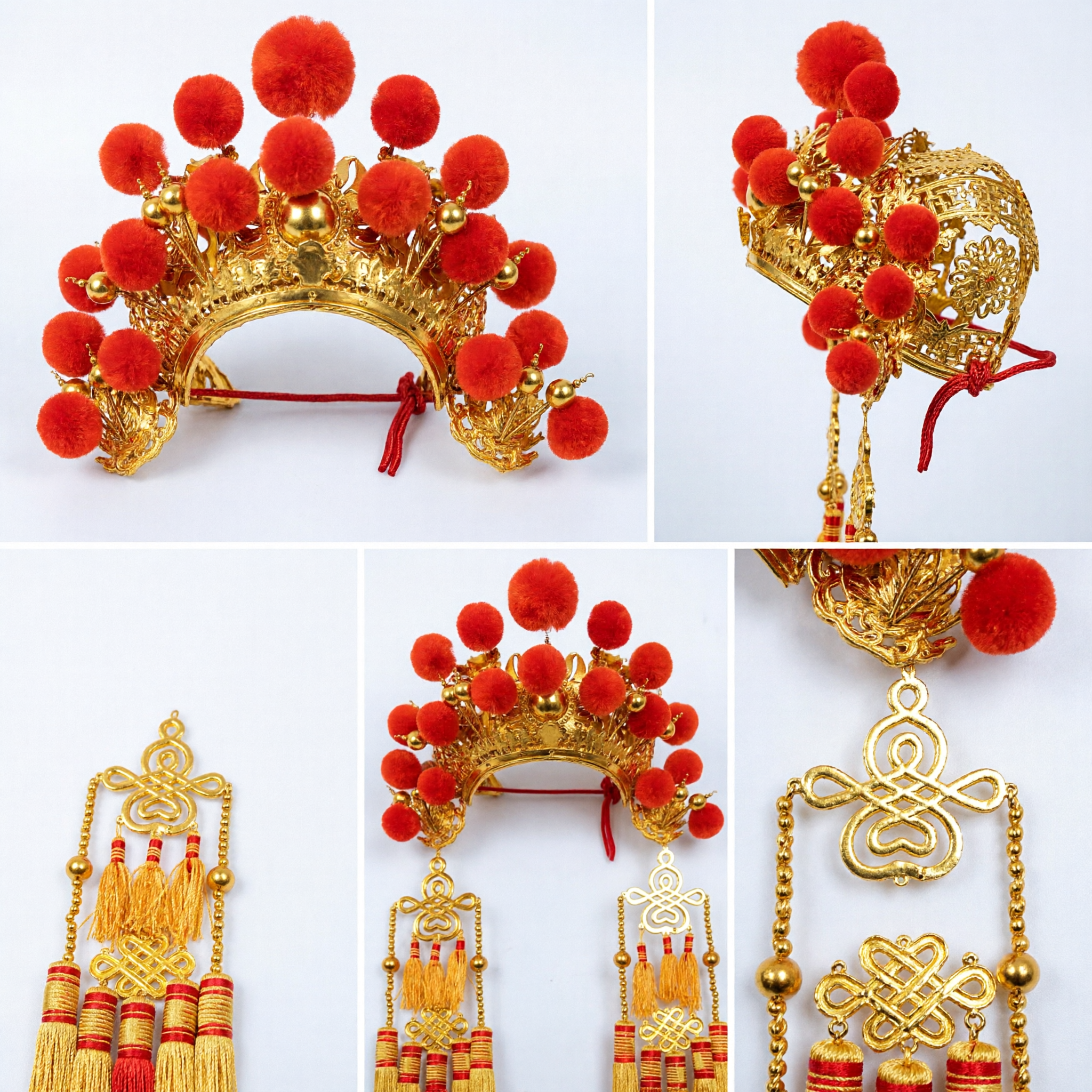 Corona Fénix China Tradicional con Pompones Rojos y Borlas Doradas para Traje de Ópera Nupcial - Asian Costume