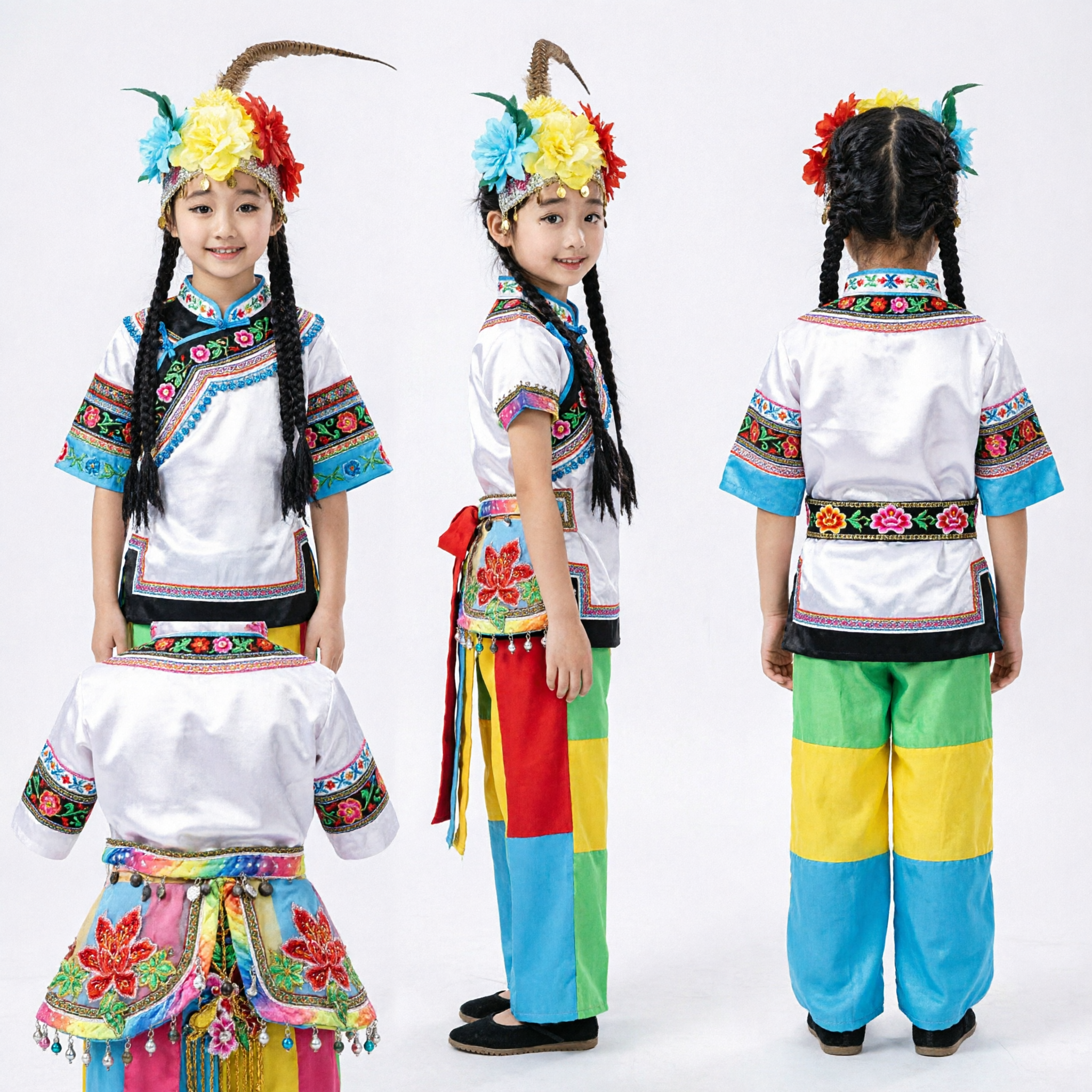 Traditioneel Chinees Folkloristisch Danskostuum voor Meisjes Etnische Minderheid Podiumoptreden Jurk met Fazantenveer - Asian Costume