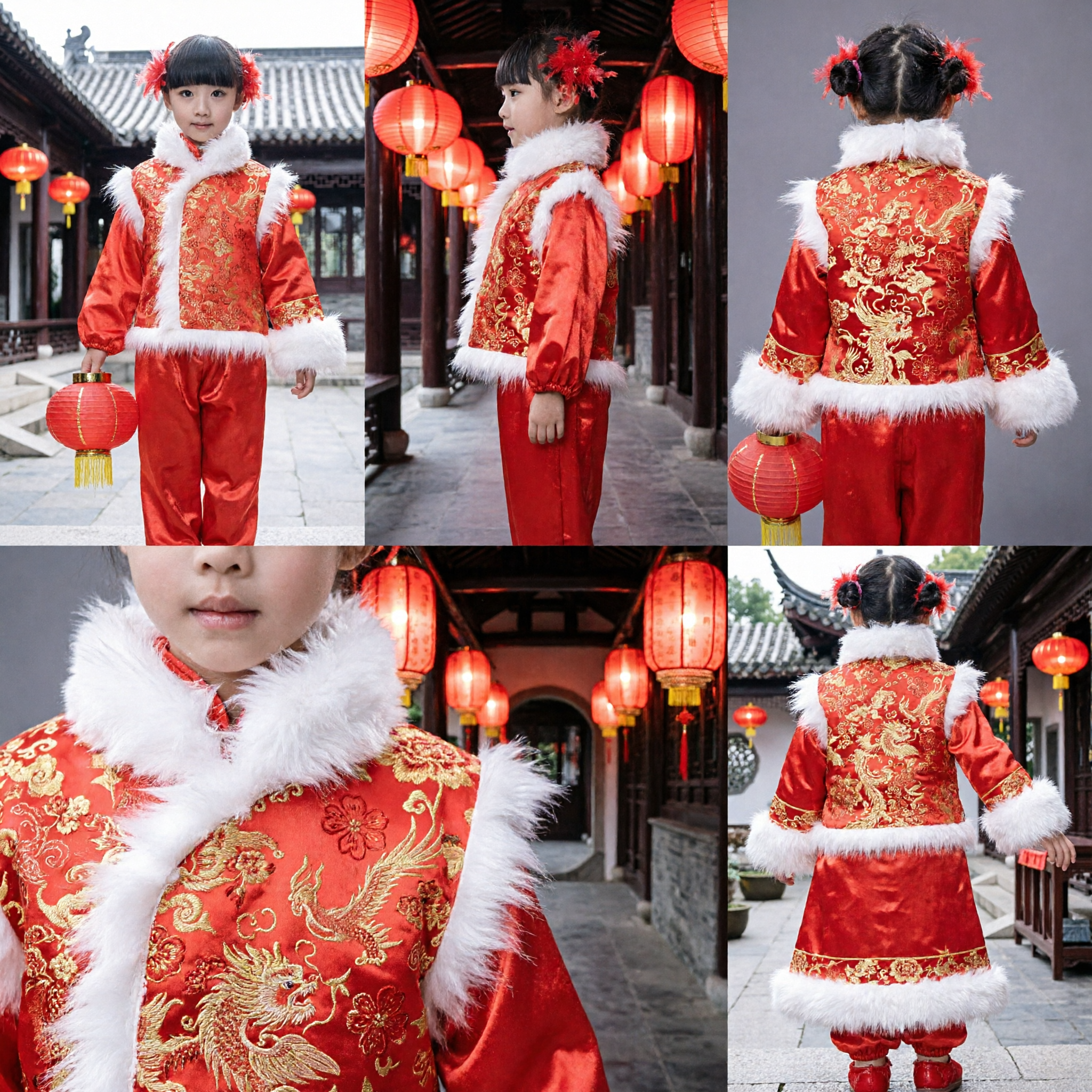 Costume Tradizionale Cinese Tang per Bambine, Rosso con Bordo in Pelliccia Bianca per il Festival del Nuovo Anno Lunare - Asian Costume