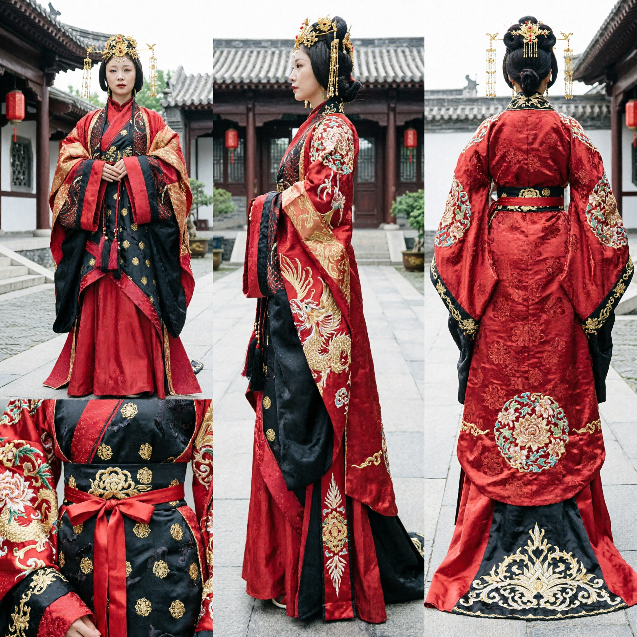 Starożytny chiński strój cesarzowej z pałacu, czerwono-czarna suknia Hanfu dla kobiet do historycznych występów i cosplayu - Asian Costume