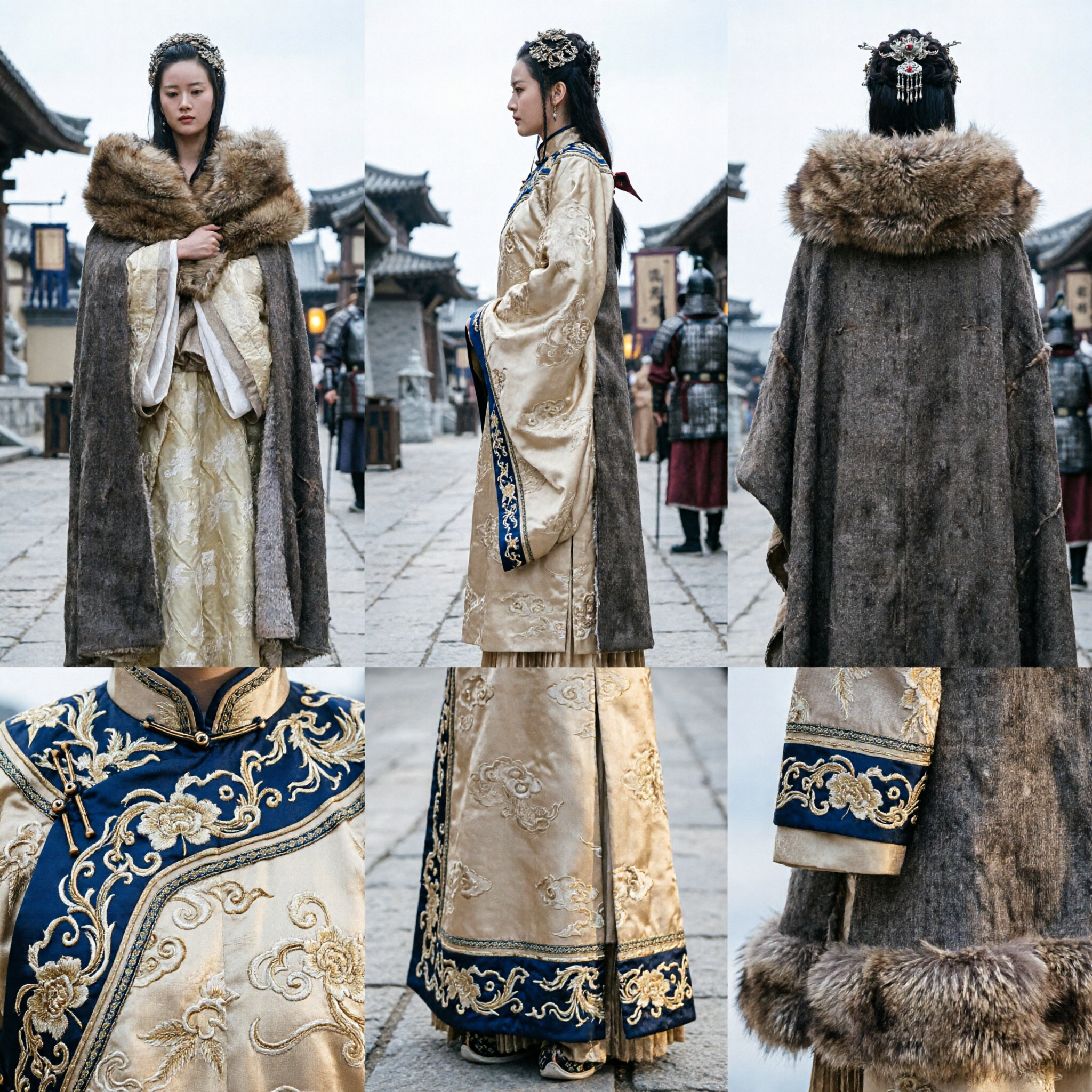 Frauen Antikes chinesisches Goldbesticktes Hanfu-Kleid mit Winterpelzumhang Traditionelles Periodendrama Cosplay-Kostüm - Asian Costume